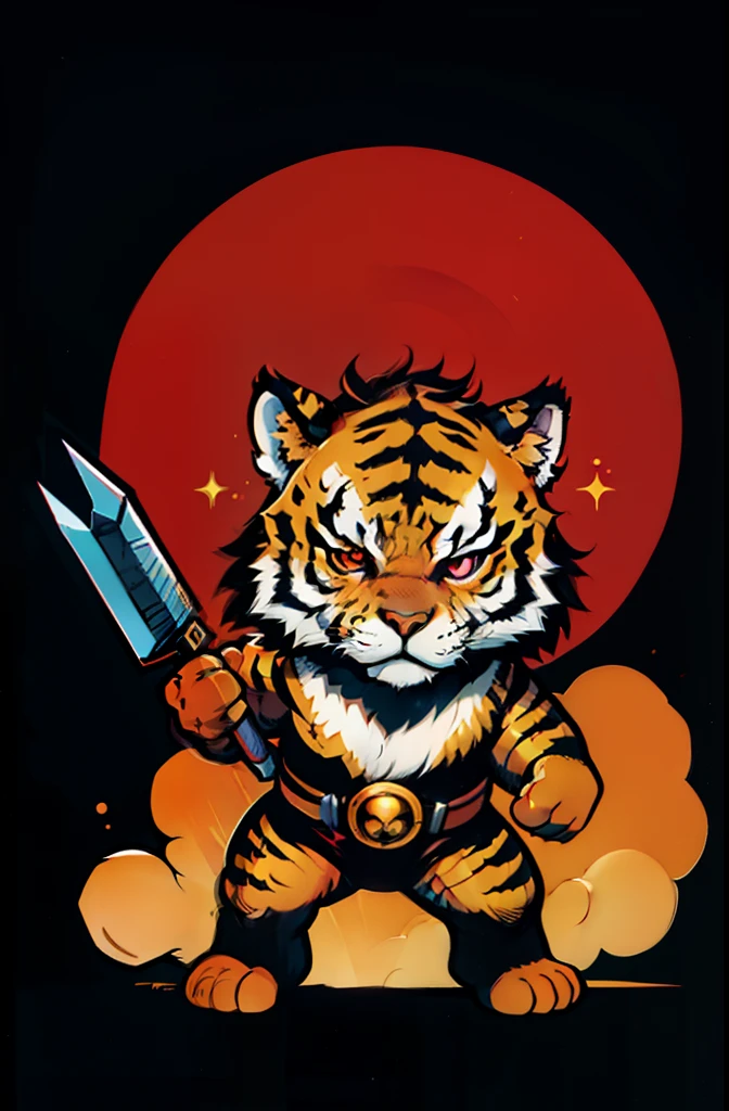 1young tiger, baby face tiger ,chibi, anthropomorphic, golden fur, big red eyes,warrior with one weapon, character 1:1, dynamique pose, simple dark background