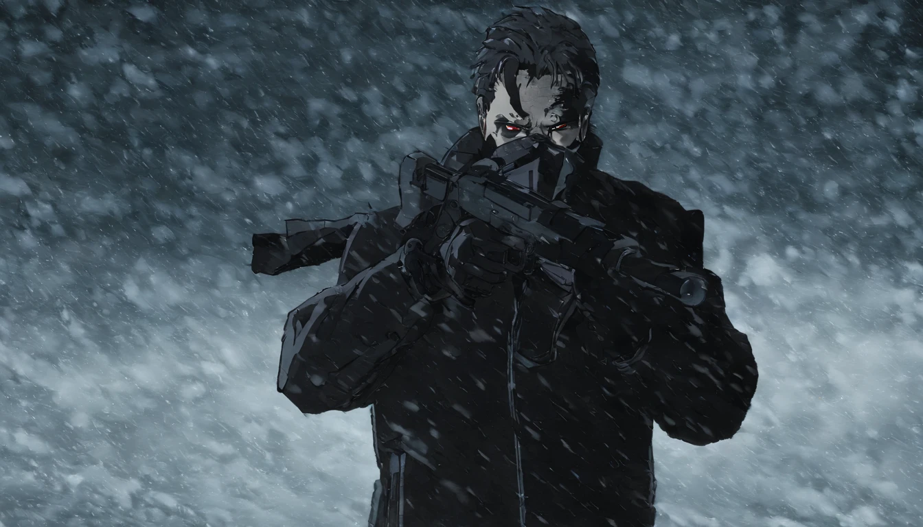 Close-up of a man with a gun in a snowy area, trigun, Akira anime cyberpunk, Anime Artstyle Trigger, The style of the anime film "Red Line", Tetsuo of Akira, screenshot from a 2012s anime, Akira Anime, Crisp high-quality anime, Anime Bullet VFX, Best Anime Character Design, modern cyberpunk anime, Modern sci-fi anime