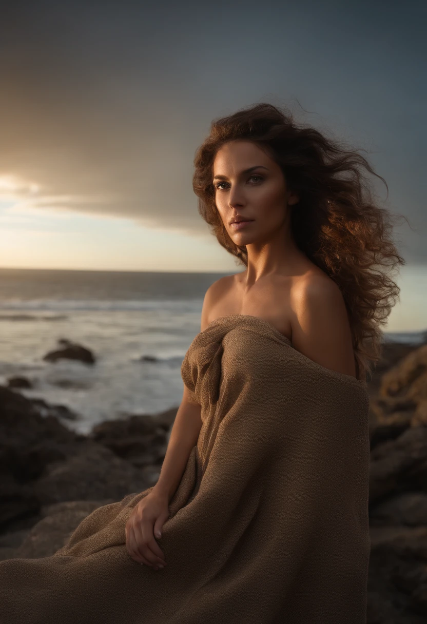 Photograph of an awesome girl, completamente desnuda, (((busto muy pesado))), cabello ondulado, sentado sobre rocas, junto a la playa, gaze at the camera, eyes symmetrical, face symmetrical, fotorrealista, Cinematographer, Seguimiento de rutas, specular lighting, Volumetric light for the face, Camino trazado del cabello, Sombras visibles, intrincado, elaborar, hiperrealista