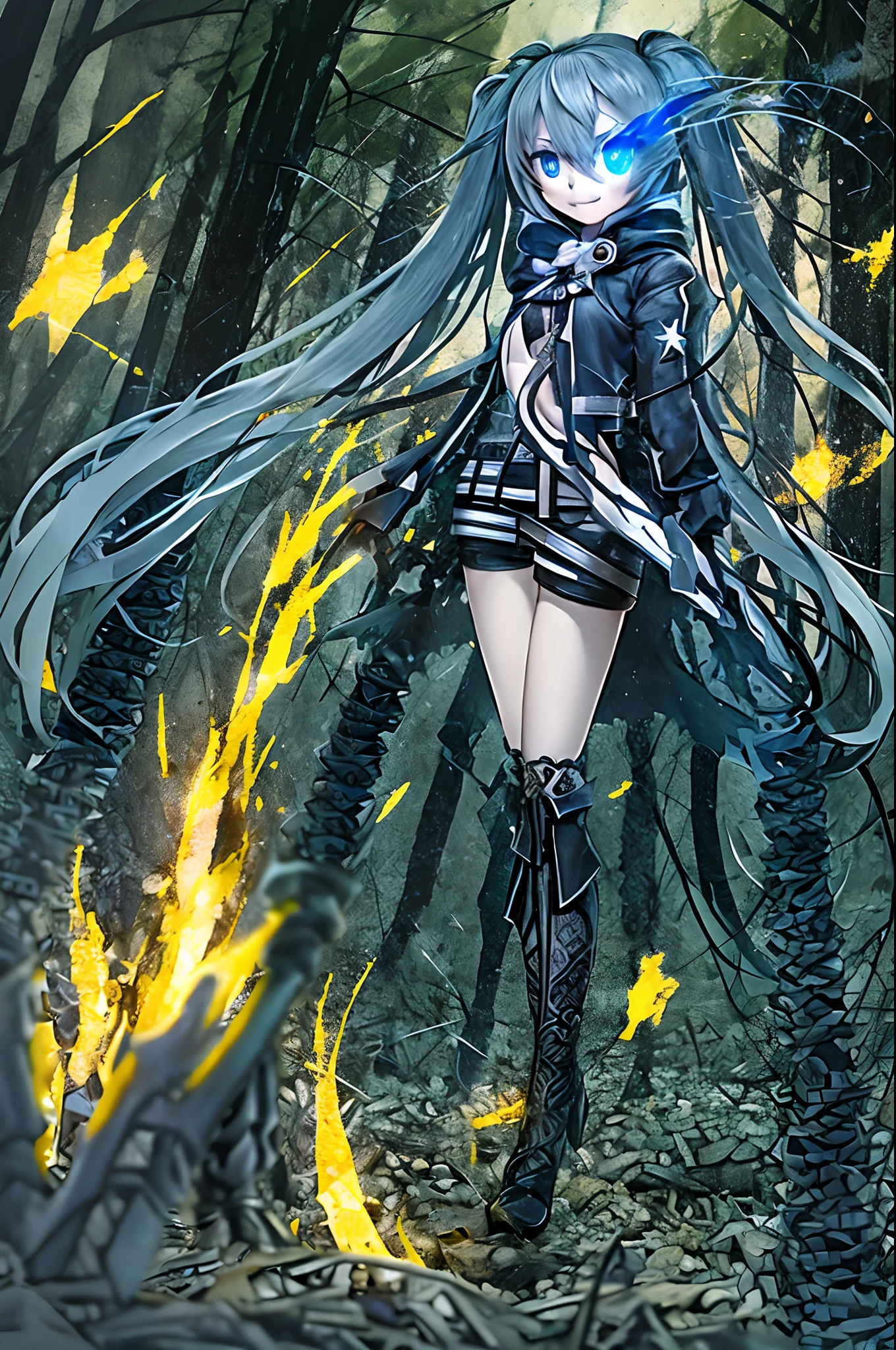 (masterpiece, best quality), intricate details, 1girl, blue eyes, black rock shooter, coat, collar, flat chest, jacket, long hair, scar, shorts, top, star \(symbol\), swimsuit, twintails, uneven twintails, ((blue fire)),flaming eye, blue fire on eye, standing, walking, forest, smile, pullover, full body