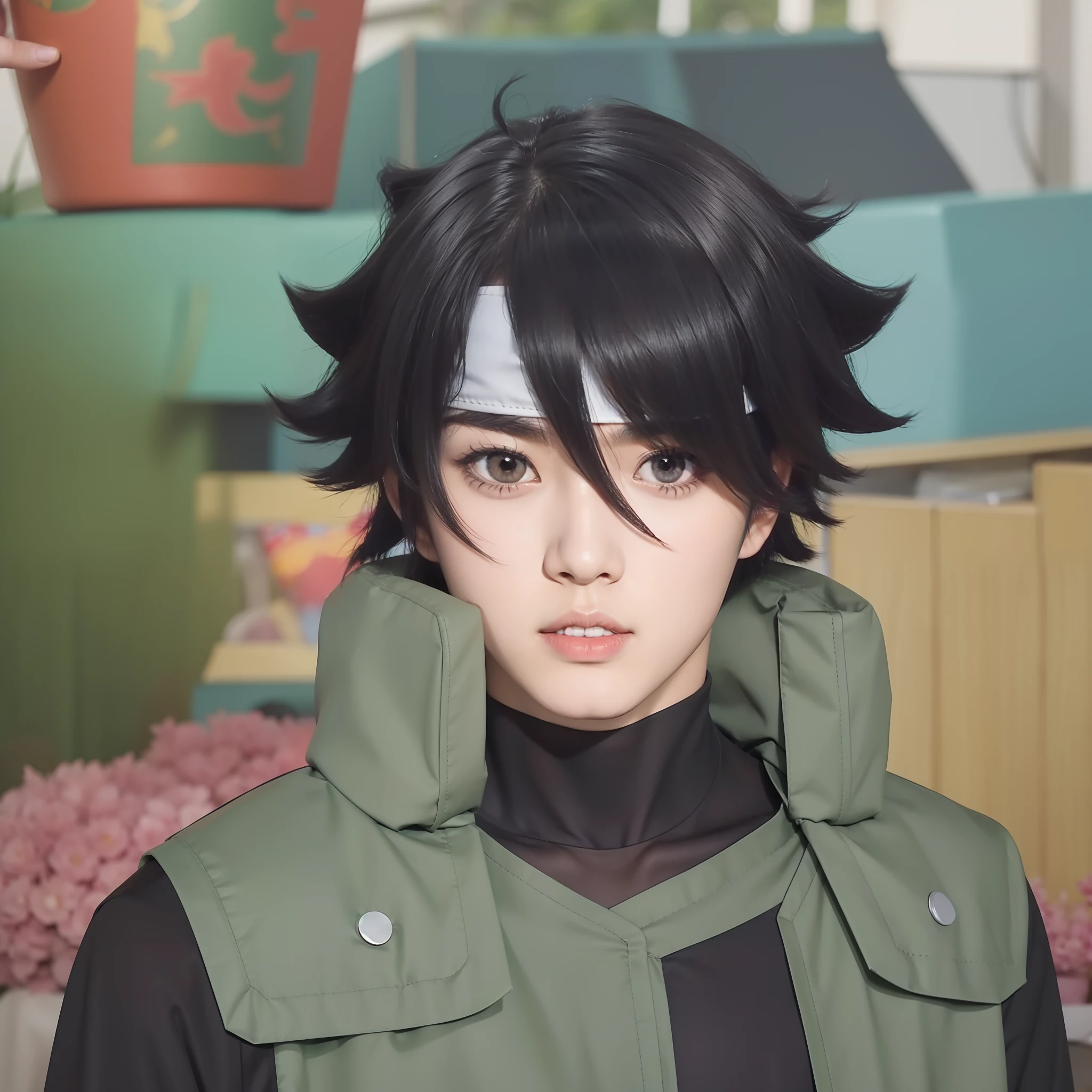 Real life adaption of this character , Korean handsome man ,realistic black messy hairstyle,realistic same outfit,hyper realistic,realism,realistic light,realistic shadow(photorealistic:1.2),plate headband
