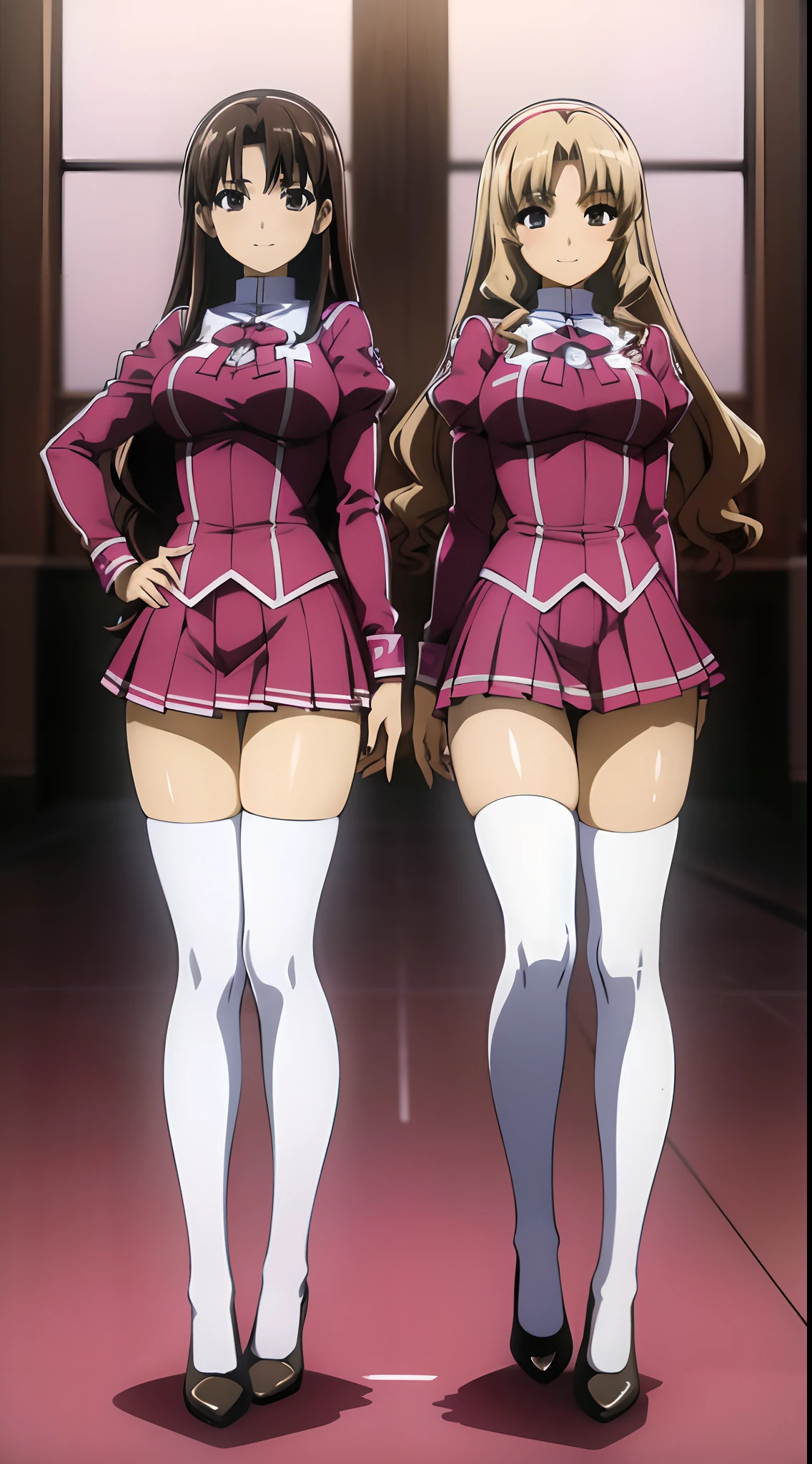 Masterpiece, high quality, 2girls, duo, identical twins, twin sisters clones, brown hair, curly hair, matching hairstyles, matching faces, hazel eyes, medium sized bust, (pink school uniform, sexy school uniform, white thigh-high socks, black high heels, matching outfits), smile, flat_color, duo pose