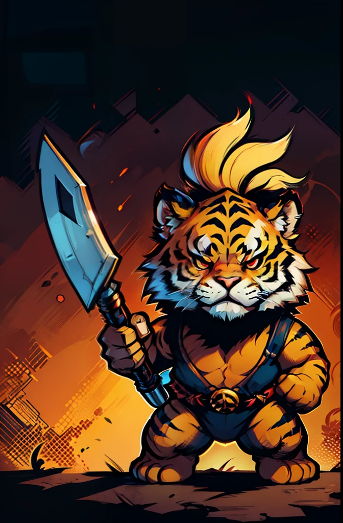 1young tiger, baby face tiger ,chibi, anthropomorphic, golden fur, big red eyes,warrior with one weapon, character 1:1, dynamique pose, simple dark background