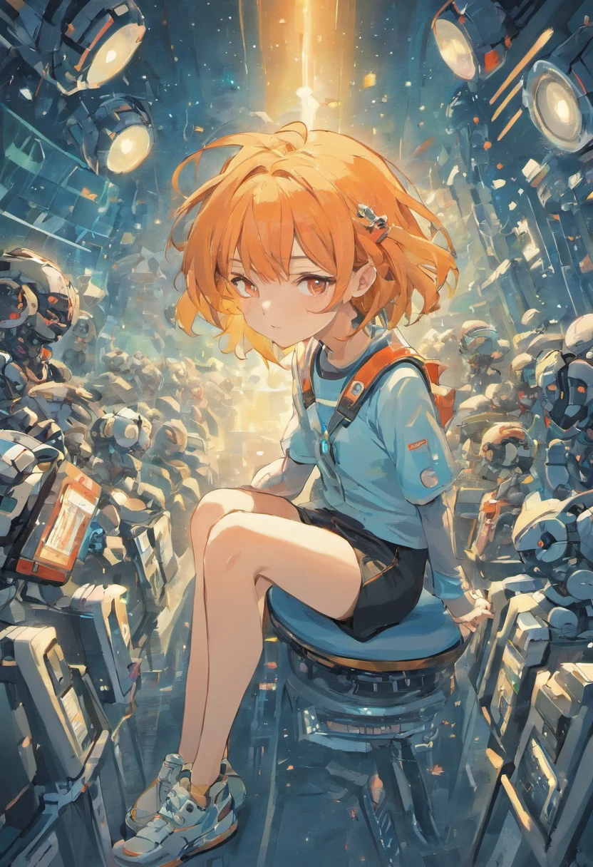 An isometric illustration of a student sitting relaxed in a futuristic school with robot teachers, emotive figurative work, rounded, uniformly staged, pastel orange color, white background