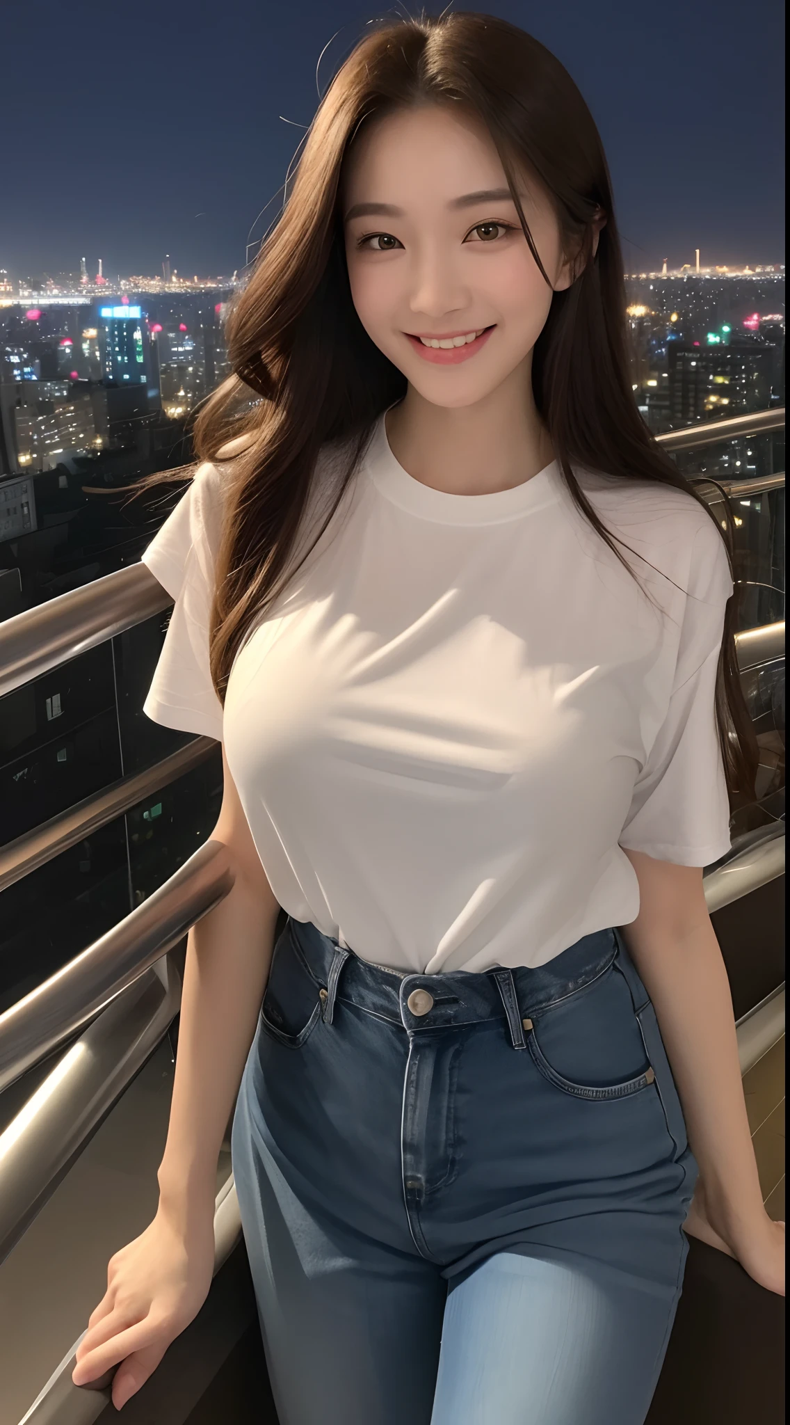 ((Midnight, Best quality, 8k, Masterpiece :1.3)), Whole body, Long legs, Sharp focus :1.2, A pretty woman with perfect figure :1.4, Slender abs :1.1, ((Dark brown hair, Ultra Gigantic breasts :1.2)), (White tight tshirt, Jean bib, Standing:1.2), ((Night city view, Rooftop:1.3)), Highly detailed face and skin texture, Detailed eyes, Double eyelid, Cute smile:1.2,