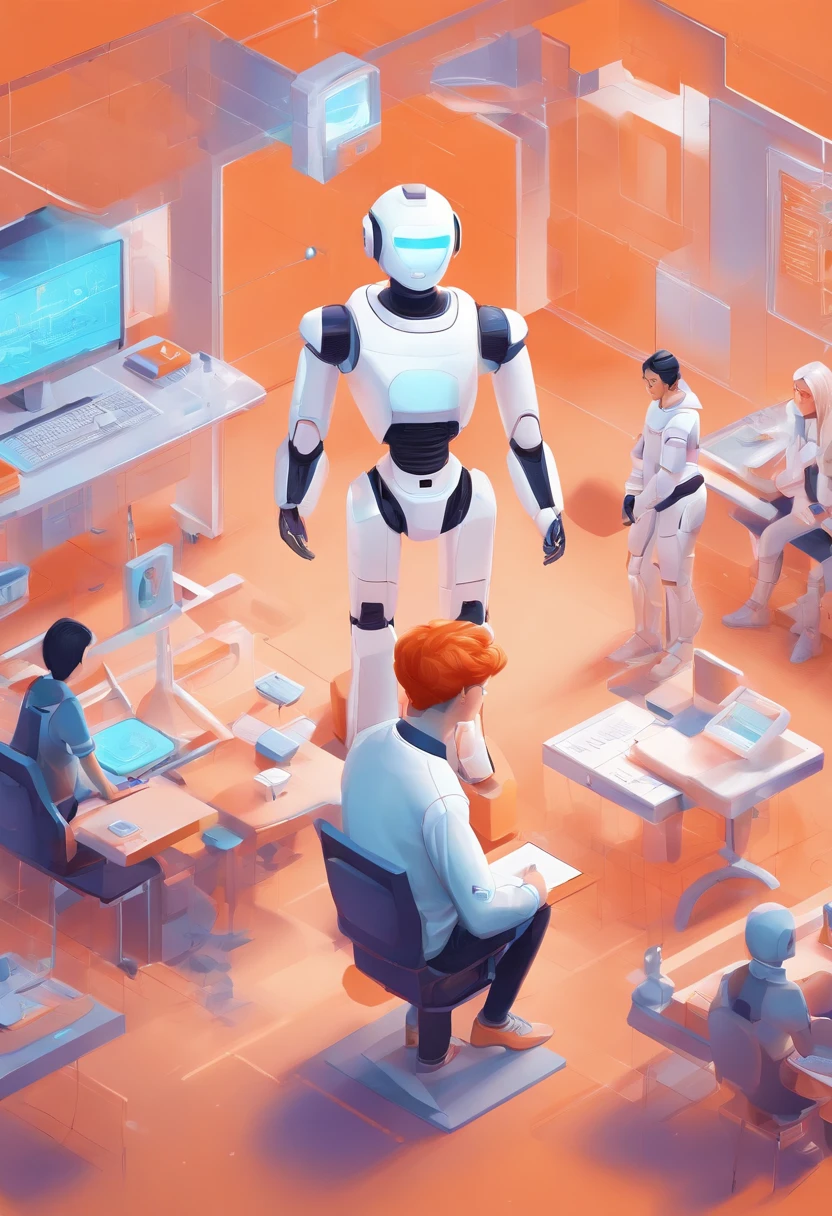 An isometric illustration of a relaxed student in a futuristic school with robot teachers, emotive figurative work, rounded, uniformly staged, pastel orange color, and a white background. (best quality,4k,8k,highres,masterpiece:1.2),ultra-detailed,(realistic,photorealistic,photo-realistic:1.37), isometric illustration,student,relaxed,futuristic school,robot teachers,emotive figurative work,rounded,uniformly staged,pastel orange color,white background