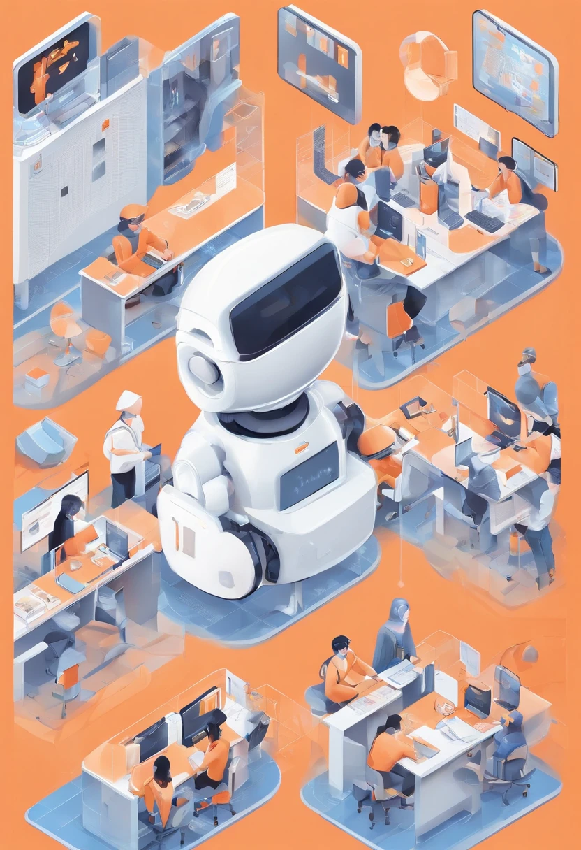 An isometric illustration of a relaxed student in a futuristic school with robot teachers, emotive figurative work, rounded, uniformly staged, pastel orange color, and a white background. (best quality,4k,8k,highres,masterpiece:1.2),ultra-detailed,(realistic,photorealistic,photo-realistic:1.37), isometric illustration,student,relaxed,futuristic school,robot teachers,emotive figurative work,rounded,uniformly staged,pastel orange color,white background