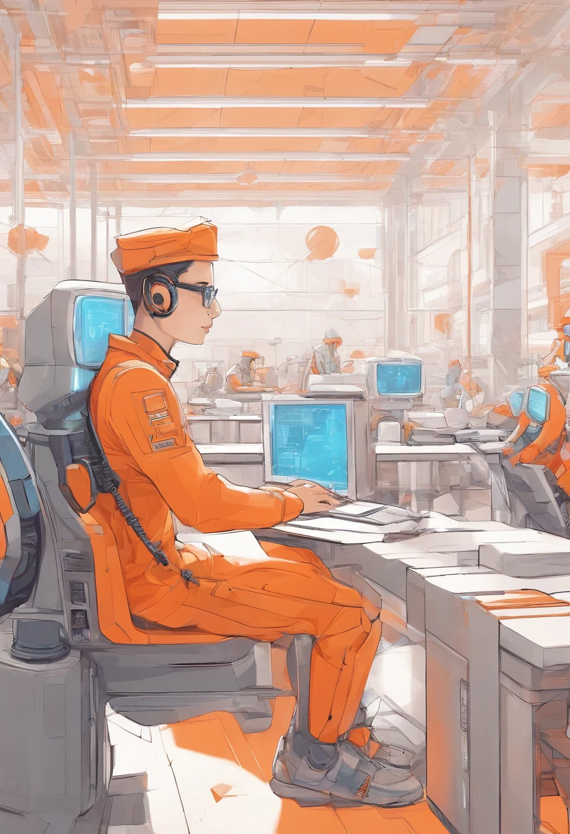 An isometric illustration of a relaxed student in a futuristic school with robot teachers, emotive figurative work, rounded, uniformly staged, pastel orange color, and a white background. (best quality,4k,8k,highres,masterpiece:1.2),ultra-detailed,(realistic,photorealistic,photo-realistic:1.37), isometric illustration,student,relaxed,futuristic school,robot teachers,emotive figurative work,rounded,uniformly staged,pastel orange color,white background