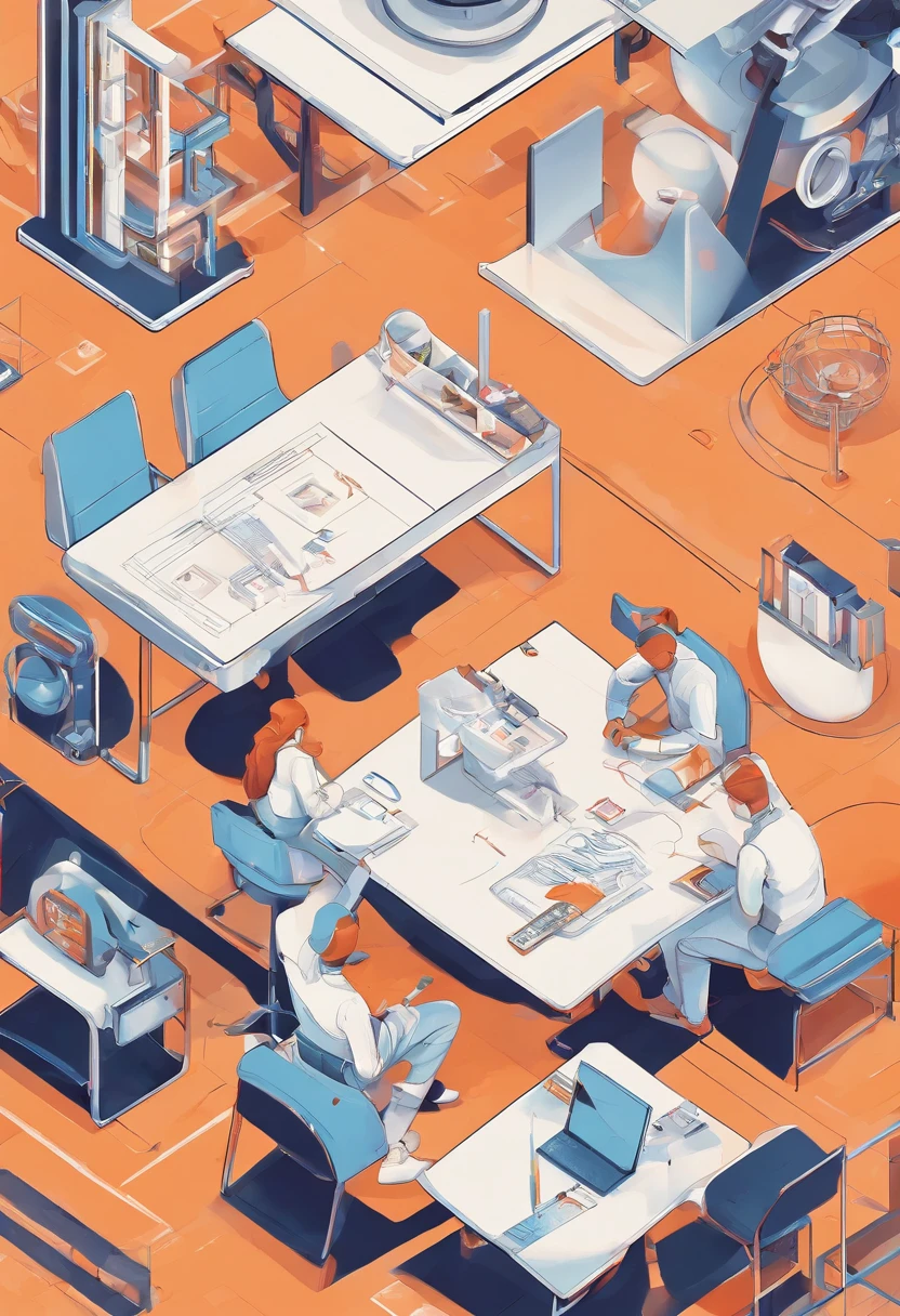 An isometric illustration of a student sitting relaxed in a futuristic school with robot teachers, emotive figurative work, rounded, uniformly staged, pastel orange color, white background