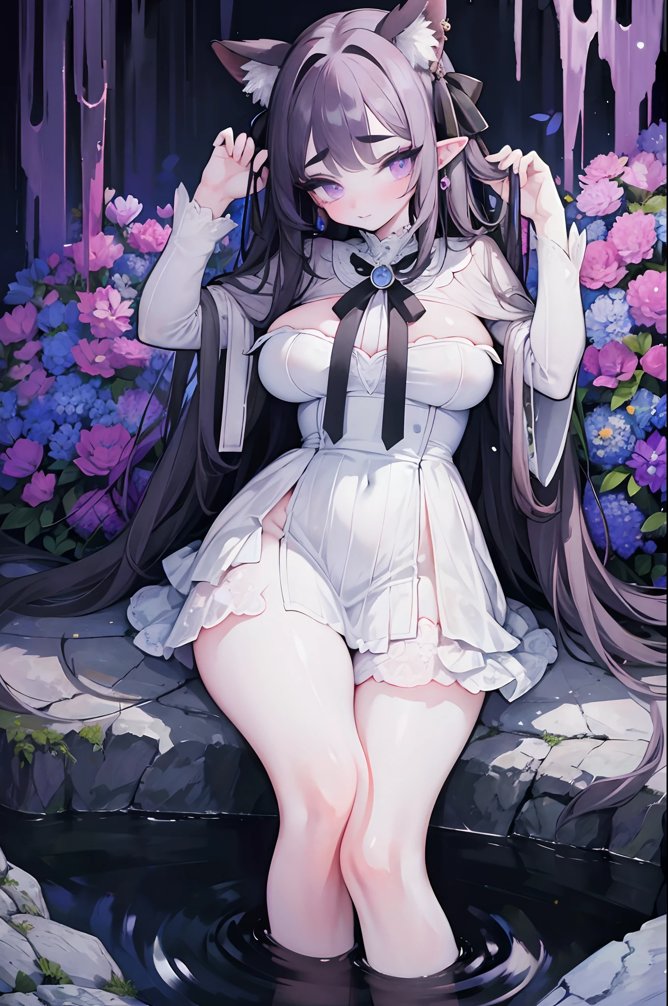 Original Character, Volumetric Lighting, Best Shadows, Shallow Depth of Field, Close Up Of Stunningly Beautiful Girl, Petite, Wide Hips, Thick Thighs, Slight Chubby, Small body, Delicate Beautiful Attractive Face With Alluring Purple Eyes, Sharp Eyebrows, Half Open Eyes, Elf ears, Cute Smile, Lovely Big Breasts, Layered Long Dark Hair With Ribbon Tied To A Part Of Hair On The Side, Blunt Bangs, Long Straight Hair, Pale Skin, Ear Piercings, Blush Eyeshadow, Thick Eyelashes, Long eyelashes, Slim Waist, White Lace Princess Dress, (Garden Background:1.1) , Sitting Down, Sitting in Stream of water, Posing, (Highest Quality, Amazing Details:1.25), (Solo:1.3), Brilliant Colorful Paintings, Looking At Viewer