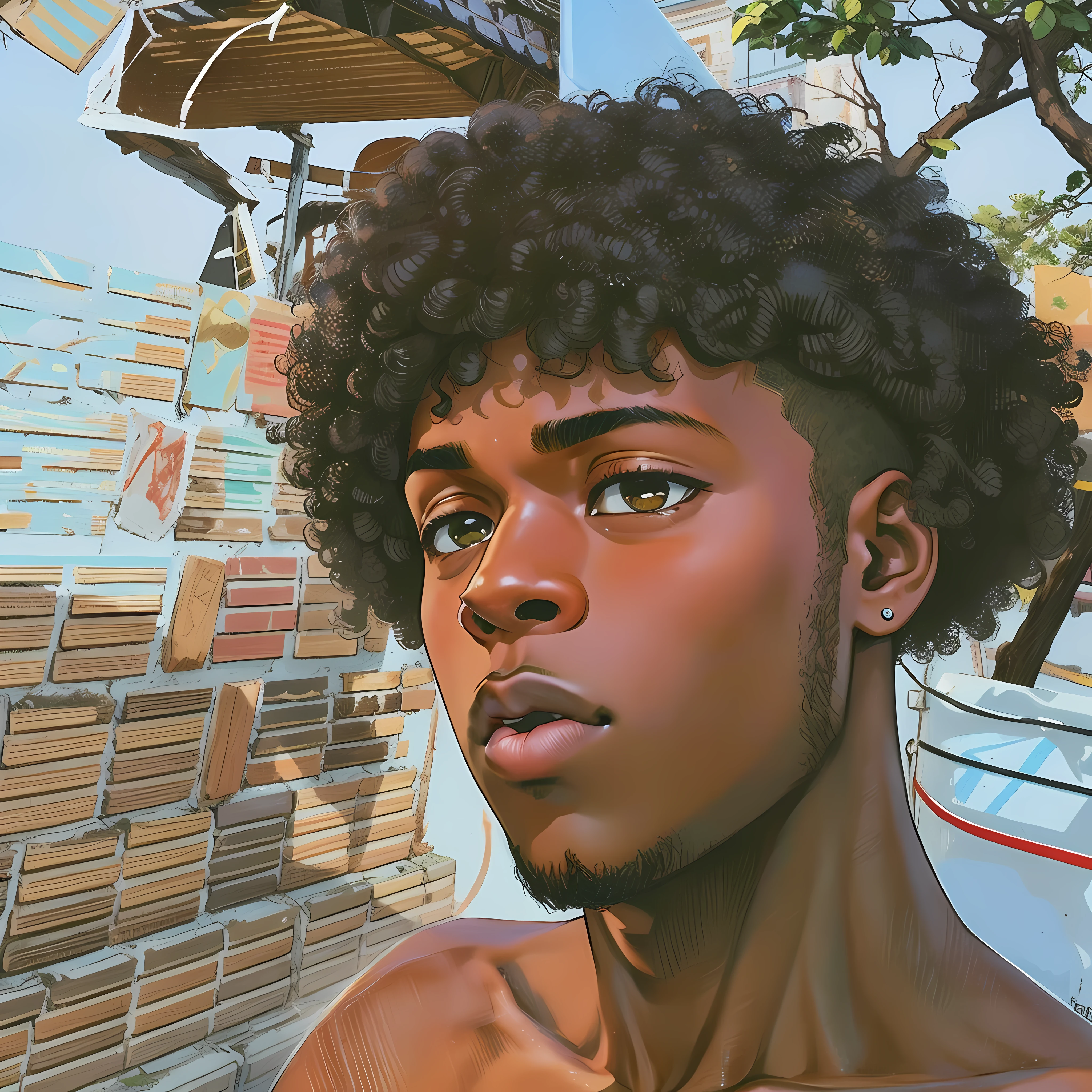There is a young man with very large afro hair, curls on top of his head, com risco na sobrancelha, adolescente negro, No estilo de Tyler Mitchell, Foto em estilo de Tyler Mitchell, Foto de perfil, um homem negro com longos cabelos cacheados, ele tem cabelos castanhos curtos e cacheados, afro encaracolado, Album art, taken in the early 2020s, com afro