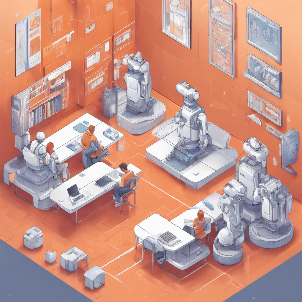 An isometric illustration of a student sitting relaxed in a futuristic school with robot teachers, emotive figurative work, rounded, uniformly staged, pastel orange color, white background