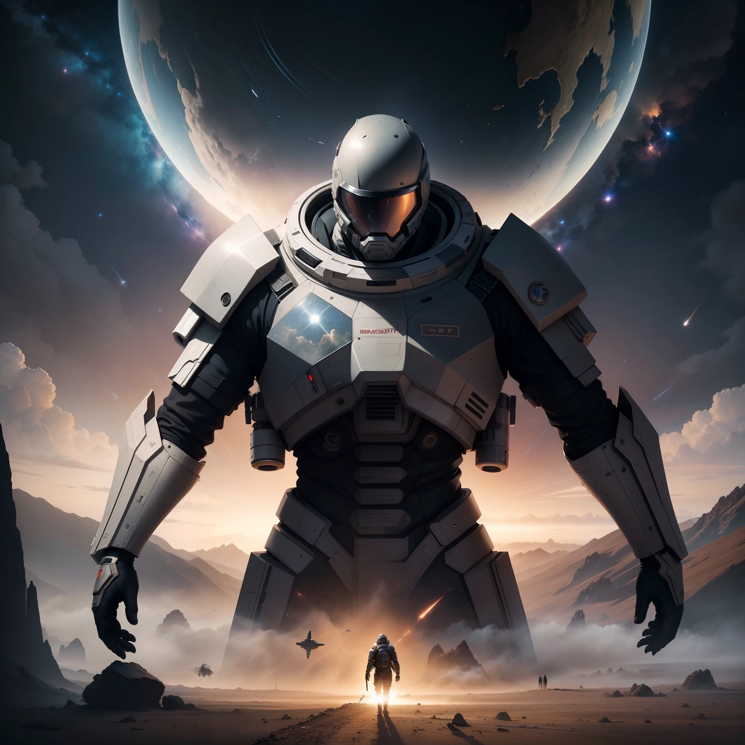 Interstellar，Endless space，A heavily armed warrior fell from the sky，ssee-through，depth of fields，((Masterpiece))，(Best quality))，Magnificent space image scene，surrealism, Super detail, ccurate, Best quality, hyper HD, Masterpiece, Anatomically correct, A high resolution, 16k