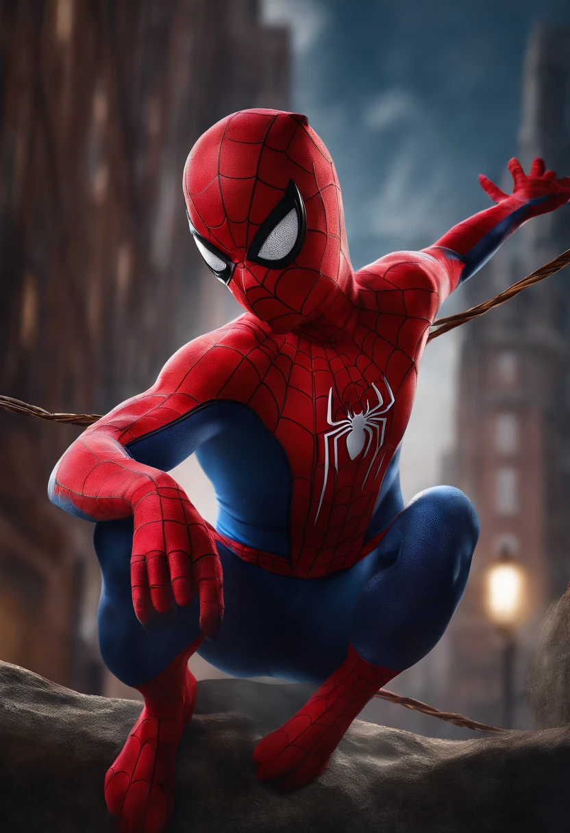 Spiderman in his classic suit, holding onto his web with one arm, head down