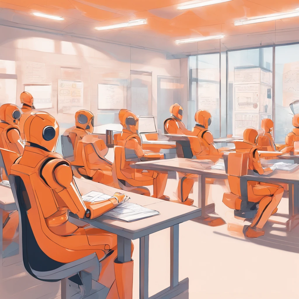 An isometric illustration of a student sitting relaxed in a futuristic school with robot teachers, emotive figurative work, rounded, uniformly staged, pastel orange color, white background

(best quality,4k,8k,highres,masterpiece:1.2),ultra-detailed,(realistic,photorealistic,photo-realistic:1.37),isometric,futuristic,school,student,relaxed,robot teachers,emotive,figurative work,rounded,uniformly staged,pastel orange color,white background,illustration,detail-rich,modern,innovative,classroom,technology integration,advanced,educational,contemporary,peaceful,serene ambiance,harmonious,personalized learning experience,interactive environment,innovative teaching methods,aesthetic,elegant shapes,soft lighting,warmth,happiness,comfort,creativity,tranquility,optimal learning environment,optimistic mood,inspiring perspective,promising future,vibrant atmosphere,clean lines,minimalist design,spaciousness,aesthetically pleasing,inviting,calming,elevated student experience,encouraging,thoughtful layout,thought-provoking.

The above is the Stable Diffusion prompt I generated，Please adjust and modify as needed。