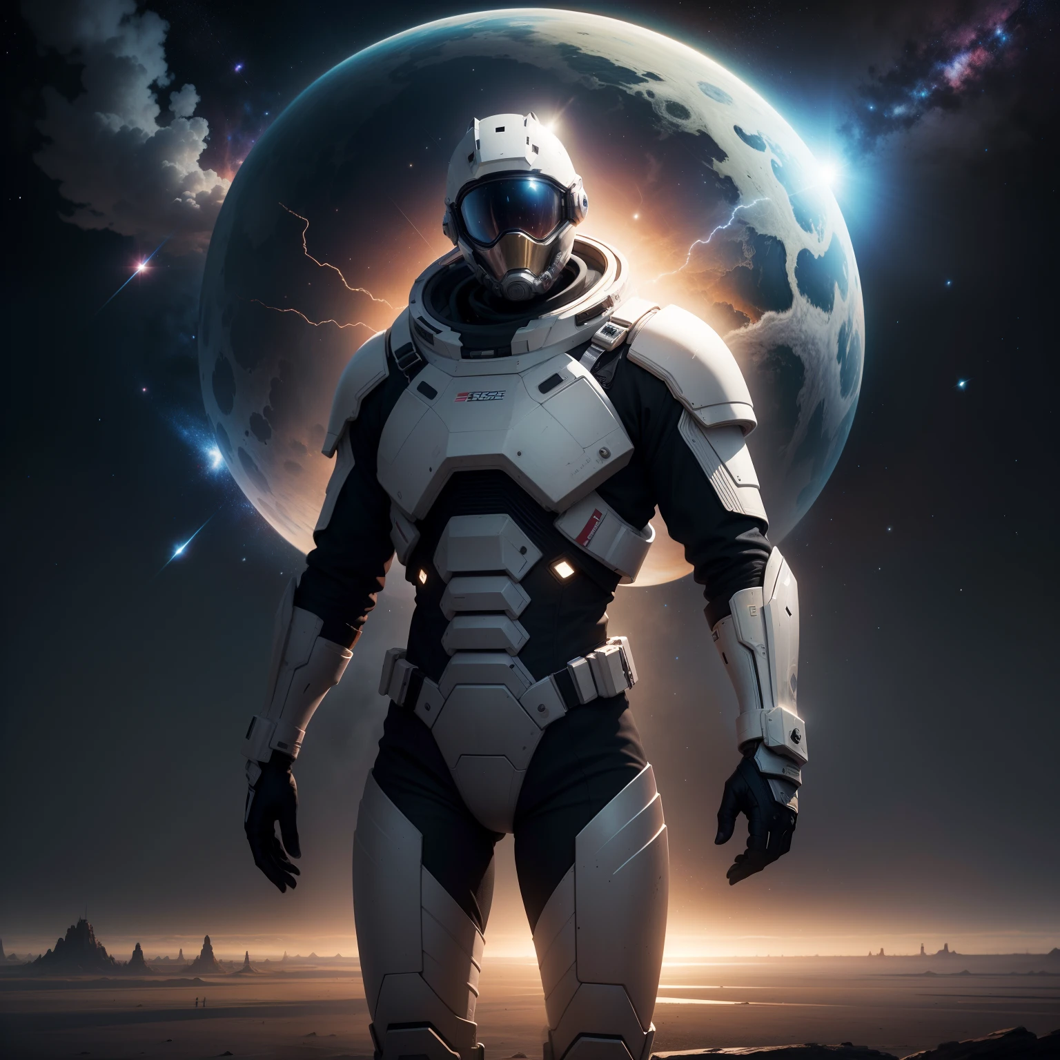 Interstellar,Endless space,A heavily armed warrior fell from the sky,ssee-through,depth of fields,((Masterpiece)),(Best quality)),Magnificent space image scene,surrealism, Super detail, ccurate, Best quality, hyper HD, Masterpiece, Anatomically correct, A high resolution, 16k