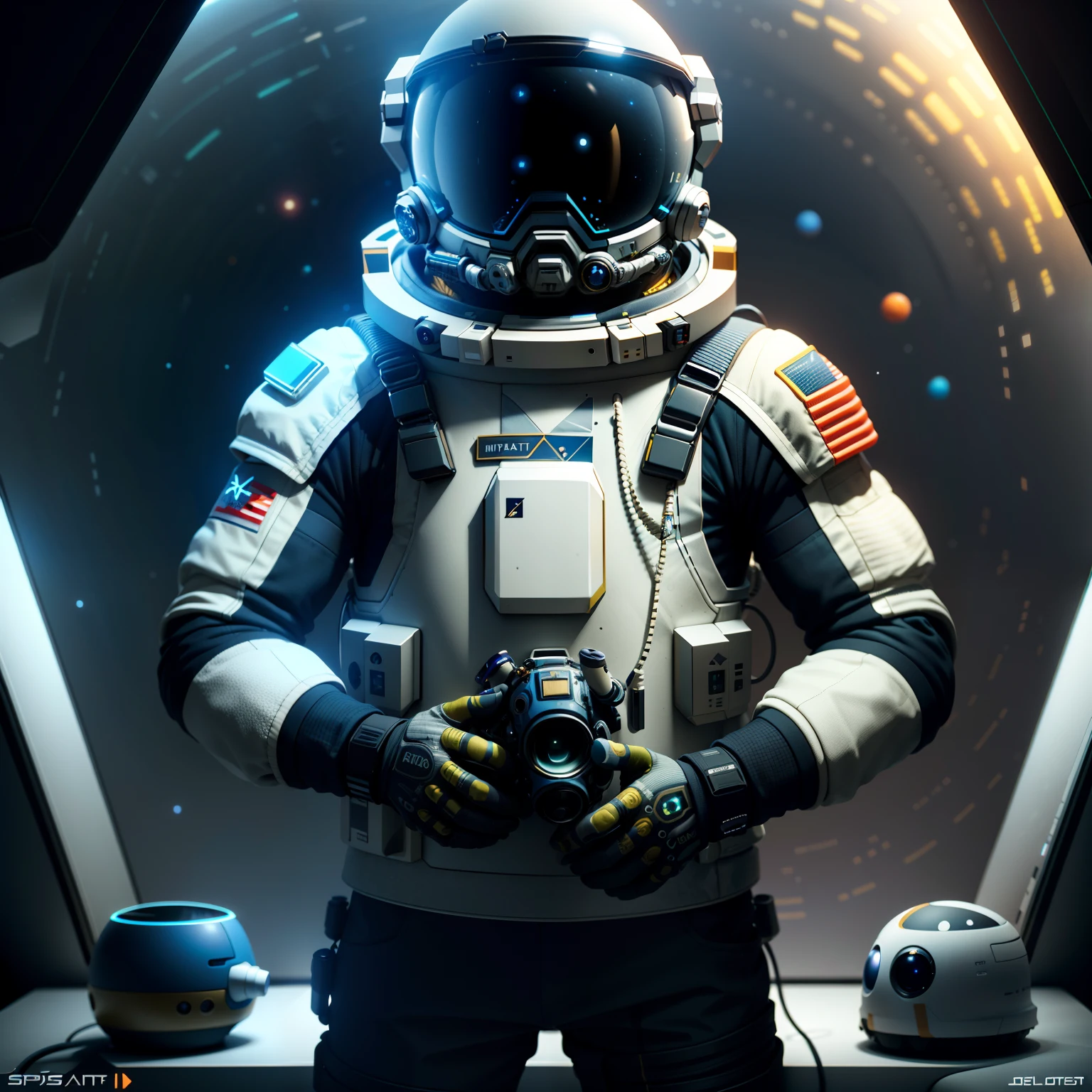 wearing spacesuit,Alafeld astronaut wearing a helmet and a gun, interstellar space suit, octane render sci - fi, dusty space suit, highly detailed vfx portrait of, beeple. rendering by octane, portrait of an ai astronaut, Sci-fi spacesuit, 3 d render beeple, jessica rossier color scheme, futuristic astronaut