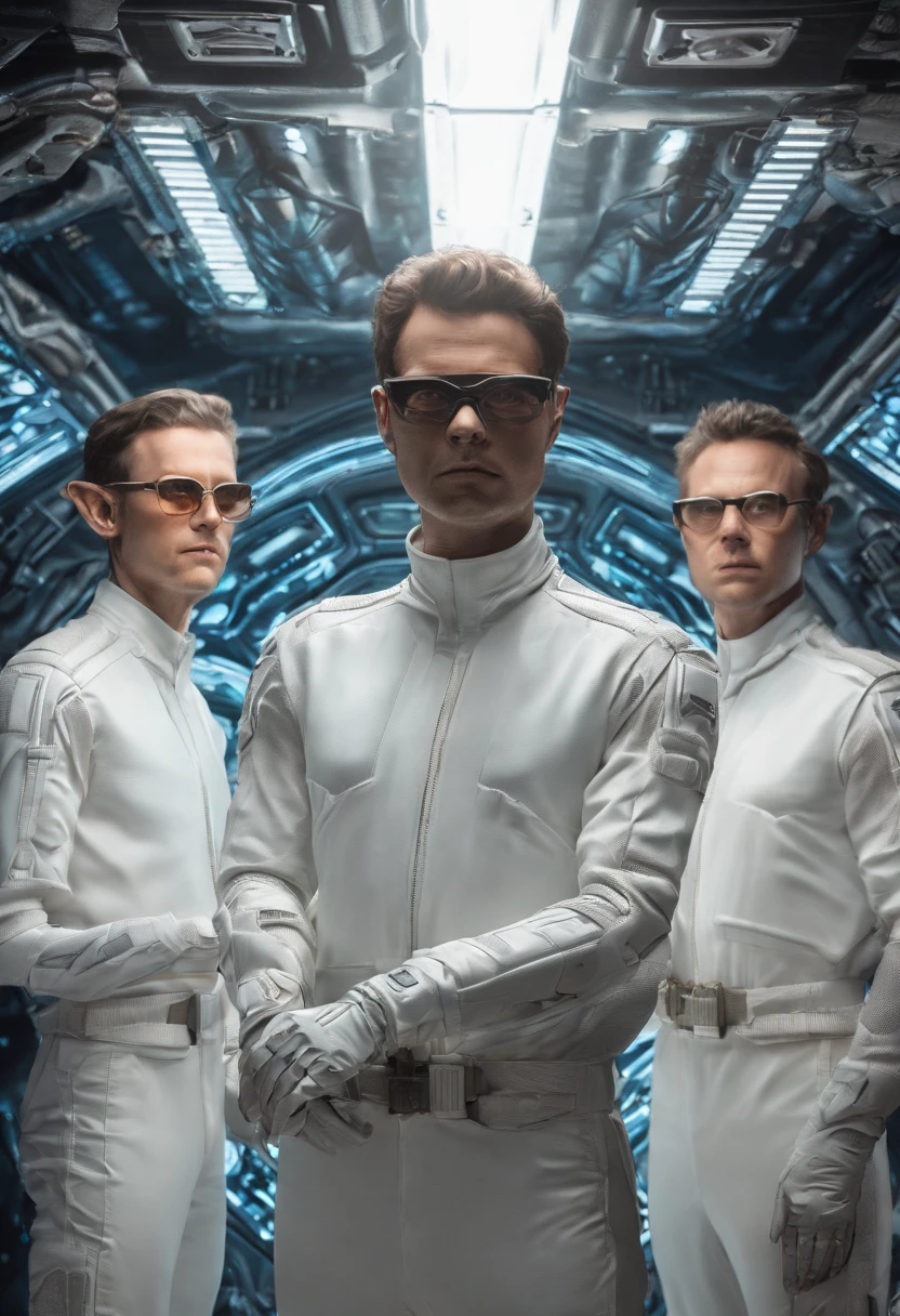 High detail, Clarity, Four men lined up,Hands on the shoulders of one less person,All wearing glasses,white shirt,Trousers