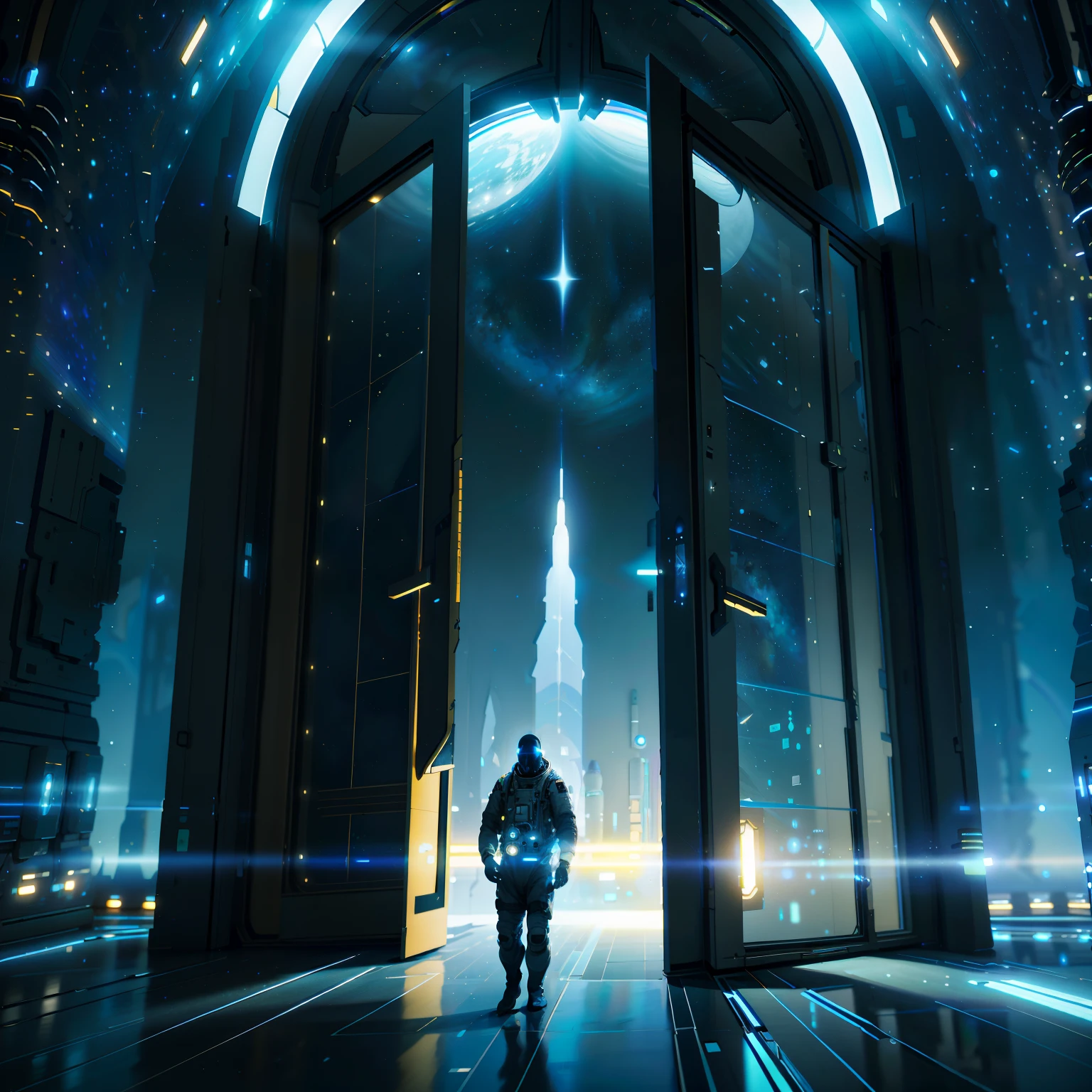 1 Astronaut travels through multidimensional space,Image of astronaut with stars in the sky, entrance to ethereal realm, artgem and beeple masterpiece, gateway to another dimension, The door to the future, cinematic beeple, jessica rossier fantasy art