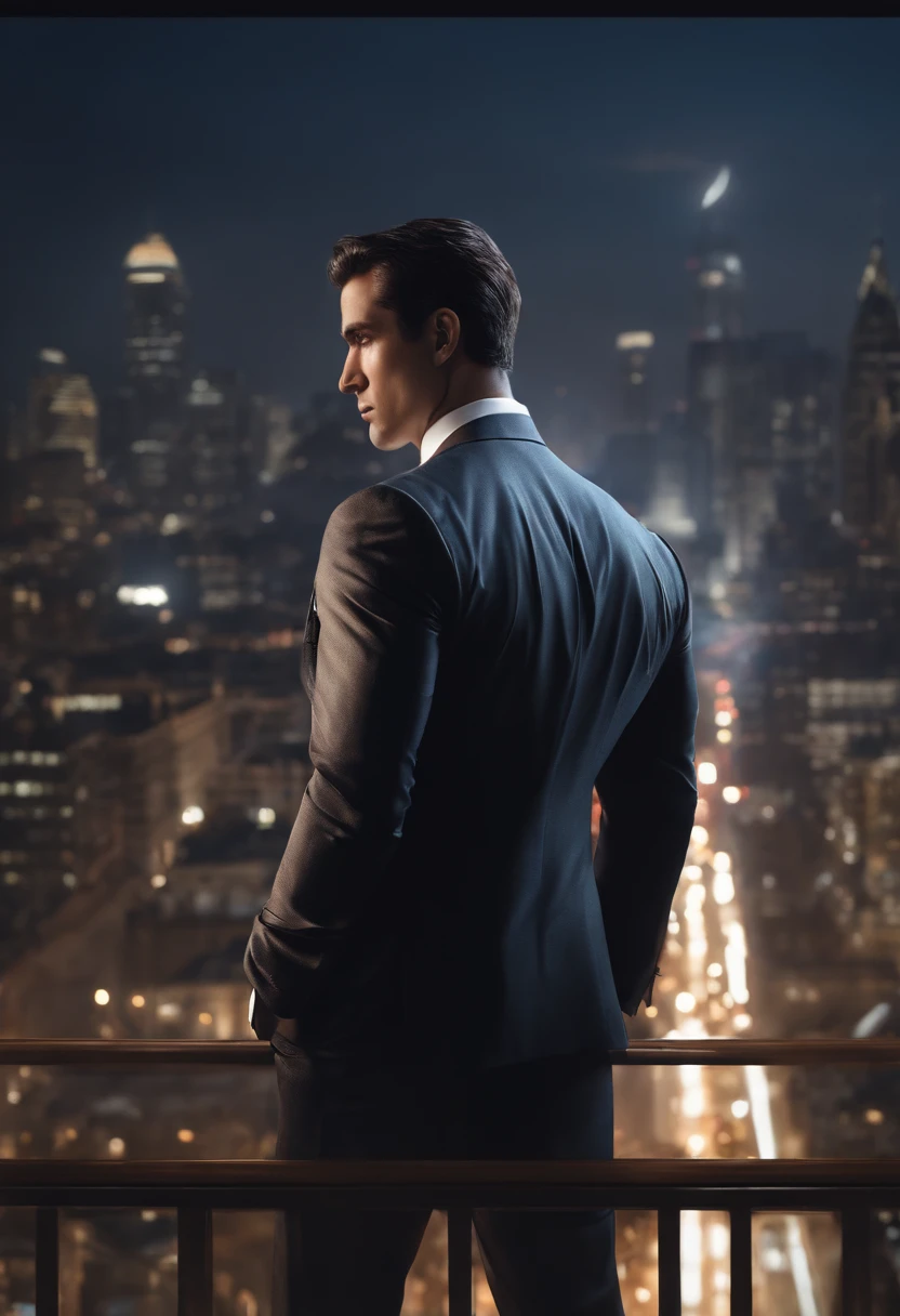 (absurdres, highres, ultra detailed, realistic, ), 1 male, solo, adult, mature, tall muscular guy, broad shoulders, handsome, very short hair, black hair, brown eyes, angular jaw, thick neck, thick eyebrows, night, dark, the night view of the city background, formal suit, necktie, upper body