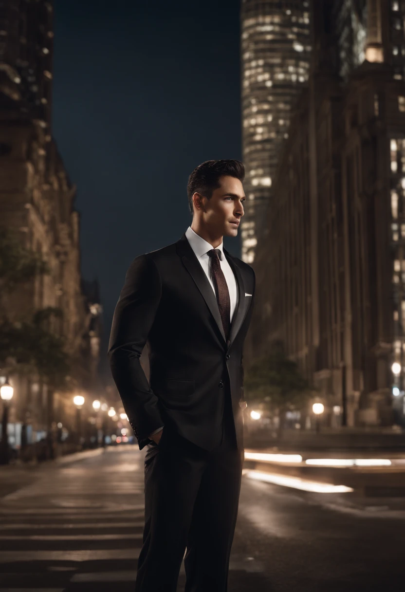 (absurdres, highres, ultra detailed, realistic, ), 1 male, solo, adult, mature, tall muscular guy, broad shoulders, handsome, very short hair, black hair, brown eyes, angular jaw, thick neck, thick eyebrows, night, dark, the night view of the city background, formal suit, necktie, upper body