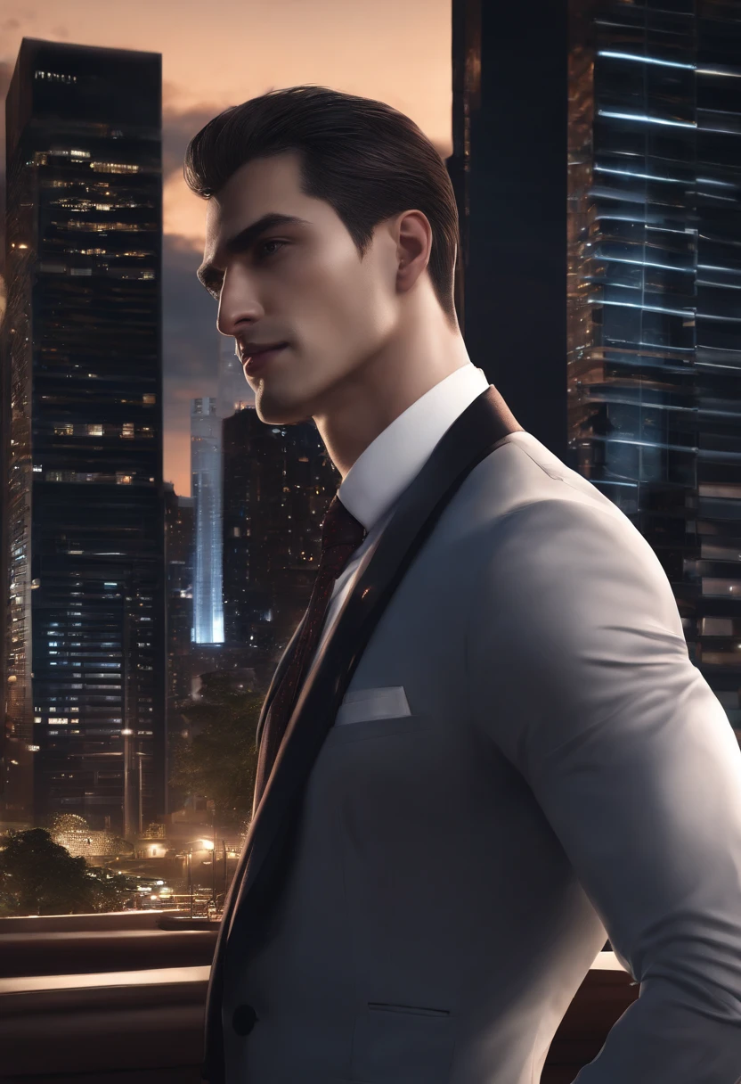 (absurdres, highres, ultra detailed, realistic, ), 1 male, solo, adult, mature, tall muscular guy, broad shoulders, handsome, very short hair, black hair, brown eyes, angular jaw, thick neck, thick eyebrows, night, dark, the night view of the city background, formal suit, necktie, upper body
