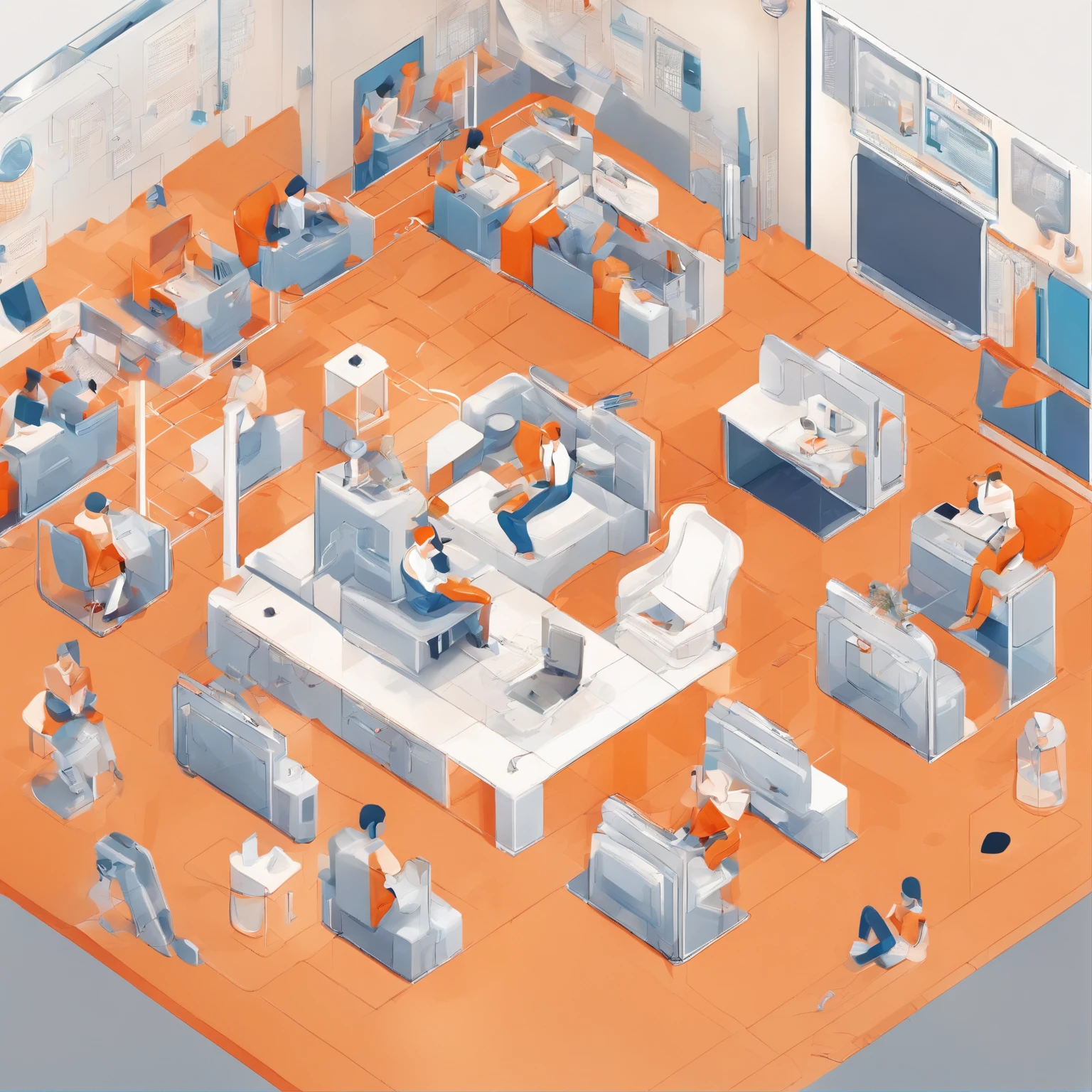 An isometric illustration of a student sitting relaxed in a futuristic school with robot teachers, emotive figurative work, rounded, uniformly staged, pastel orange color, white background