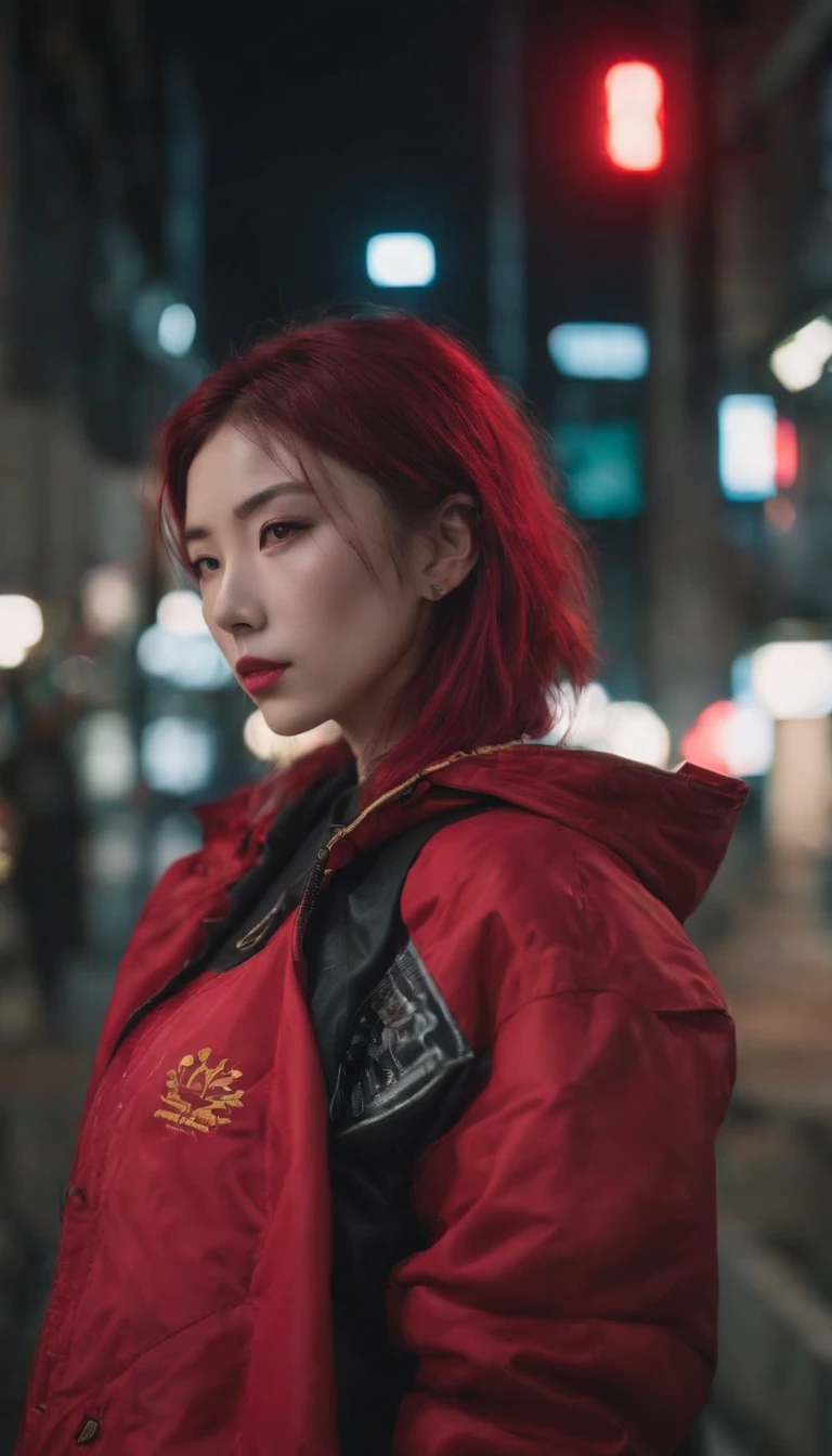 japanaese girl,pale skin,beatiful face,rose hair,Red Jacket,Tokyo at night, with Cyberpunk style,Japanese streetwear,Tokyo Fashion,Wearing a Cyberpunk 2 jacket 0 7 7