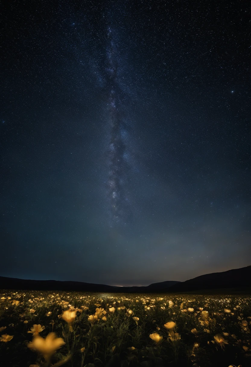 Night shot, surreal, Field of flowers, Stars, higher, close - up, High Resolution, hyper realisitc, long exposure, best Leica camera, best Leica lens, Ultra HD, 12), photo, Poster, portrait photography, conceptual art, Wildlife photography