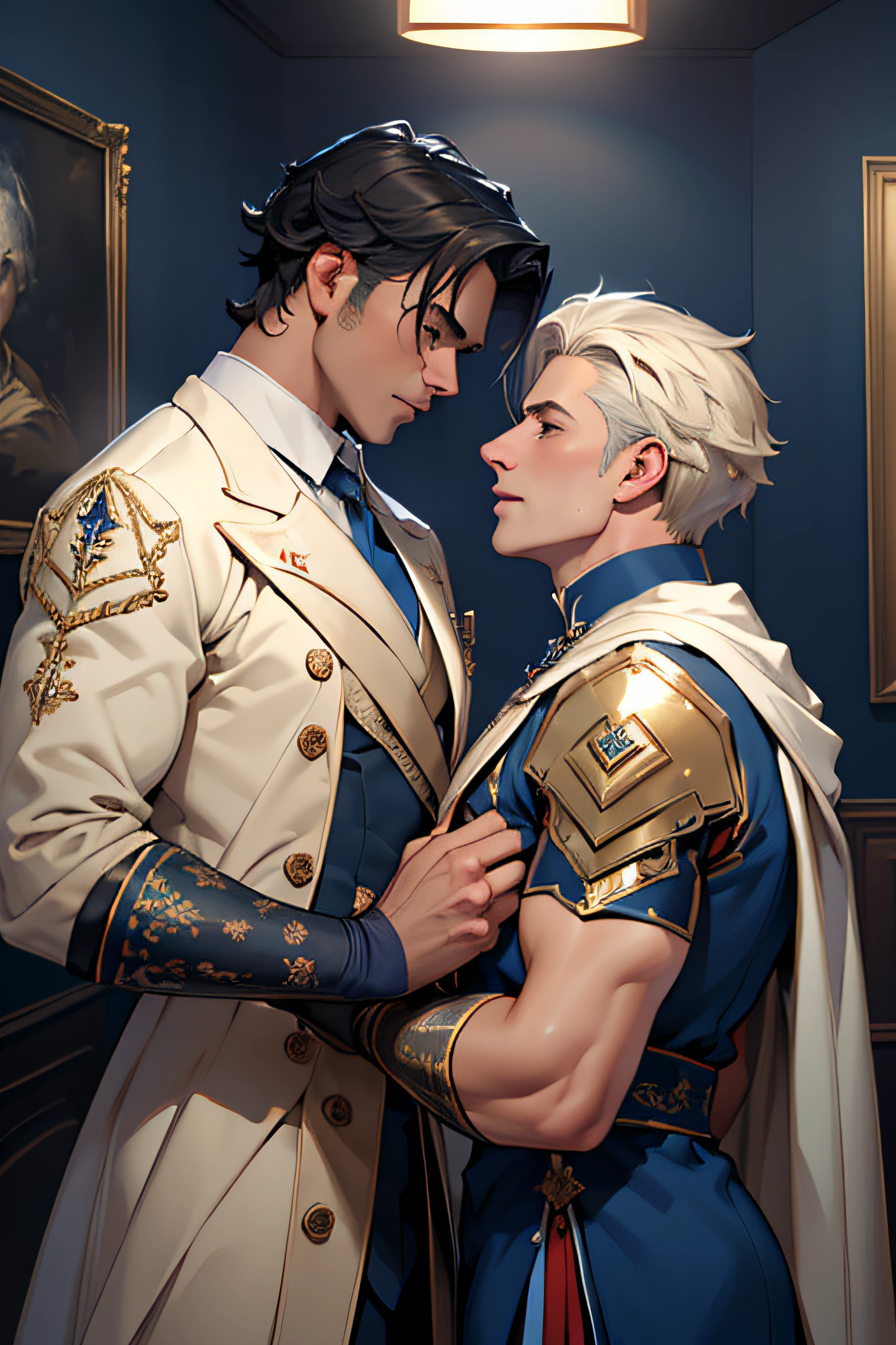 ((masterpiece)),((bestquality)),8k,high detailed,ultra-detailed, Neutral Expression, Stylish Pose, real skin texture, cinematic lighting,
Gay couple in the style of royal blue