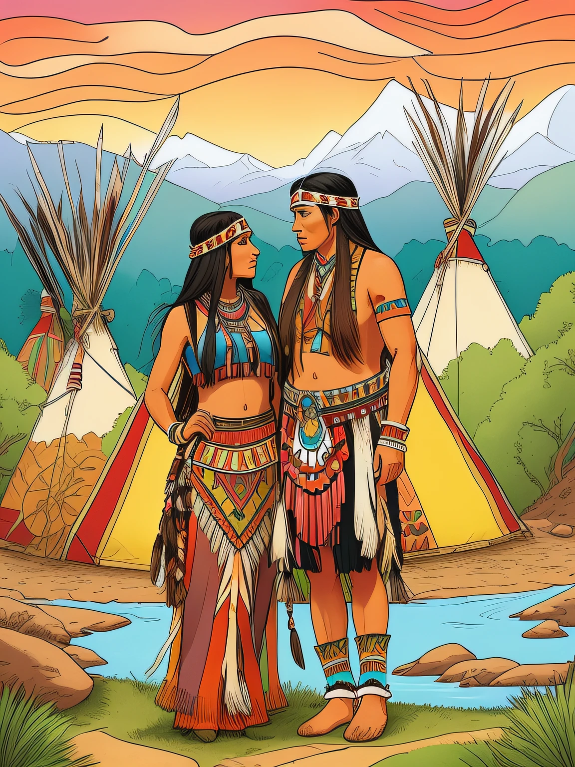 a cartoon of two native americans standing next to each other, full color illustration, : native american shamen fantasy, native american art, native american, ( art fitzpatrick ), full color digital illustration, by Joe Mangrum, by Wayne England, pocahontas, published art, by David B. Mattingly, colored illustration, by Jason Benjamin