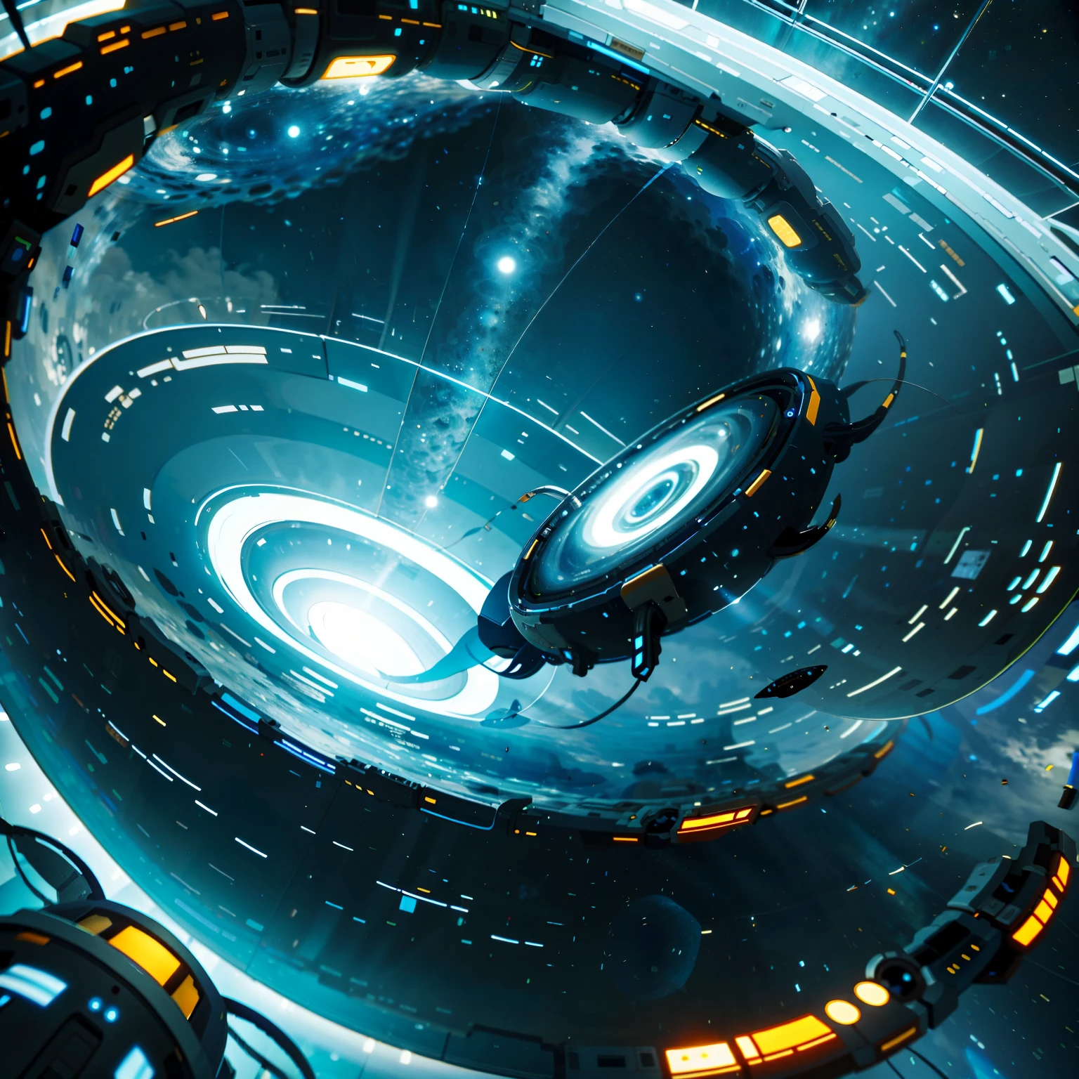 The spaceship travels through a wormhole