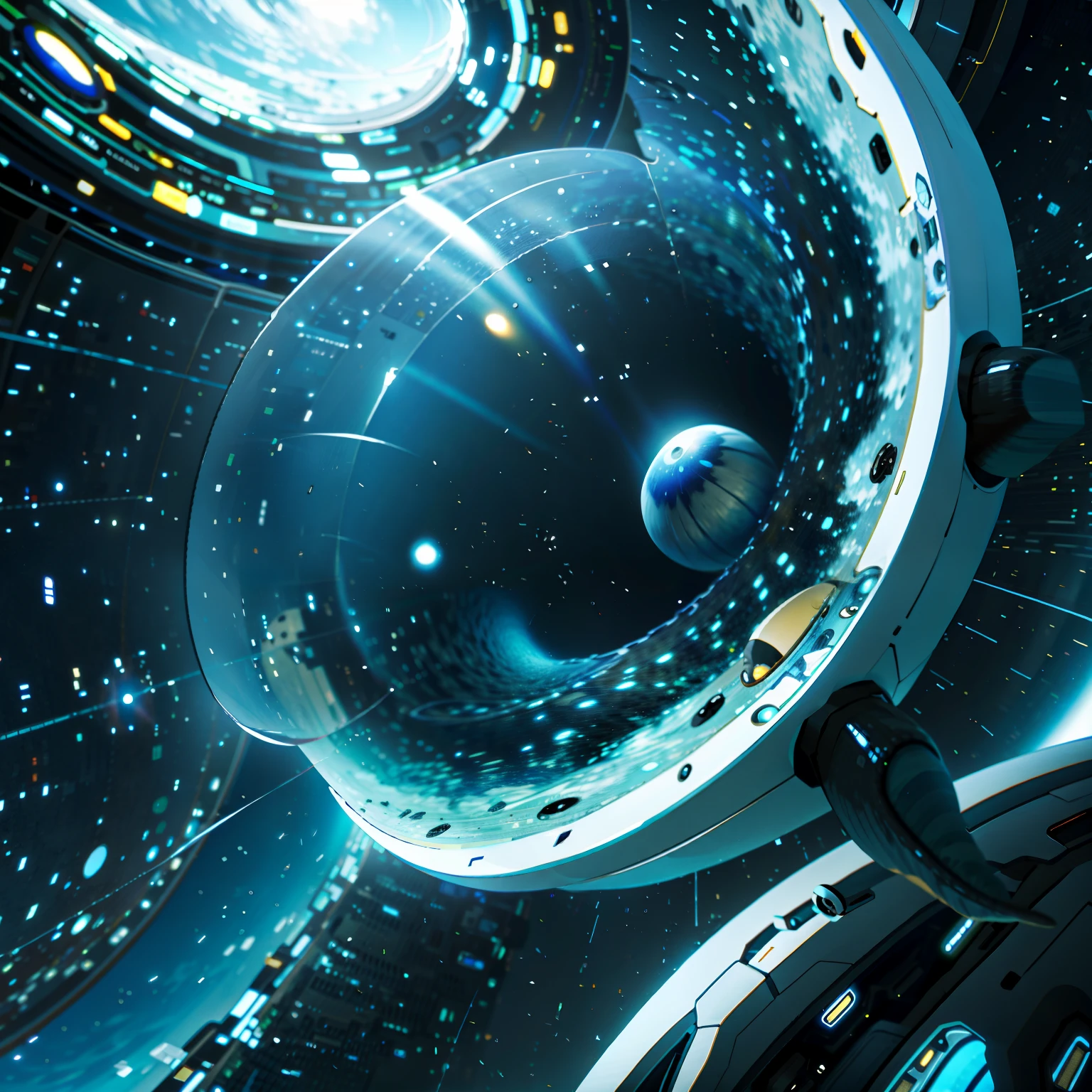 The spaceship travels through a wormhole
