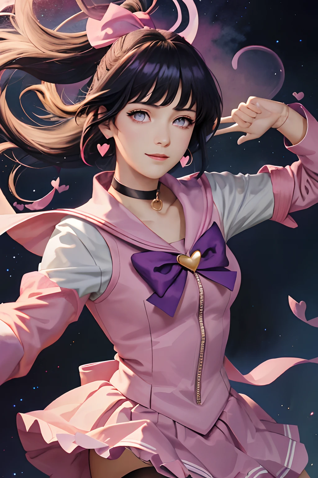 (masterpiece, best quality;1.3), extremely detailed CG, ultra detailed, 1girl, solo,  smile,  looking at viewer, stylish ungle, long dark blue hair, purple eyes,bangs
sv1, sailor senshi uniform, pink skirt, elbow gloves, tiara, pink sailor collar, black bow, pink choker, white gloves, jewelry, from above,
many hearts, face focus,Venus,tornado,abstract background, hearts storm, haert beam, heart bubbles, heart baloons, haert stars, heart flowers, HEART LIGHTS, heart world, heart background, galaxy background, heart weapon, heart aura,braids
