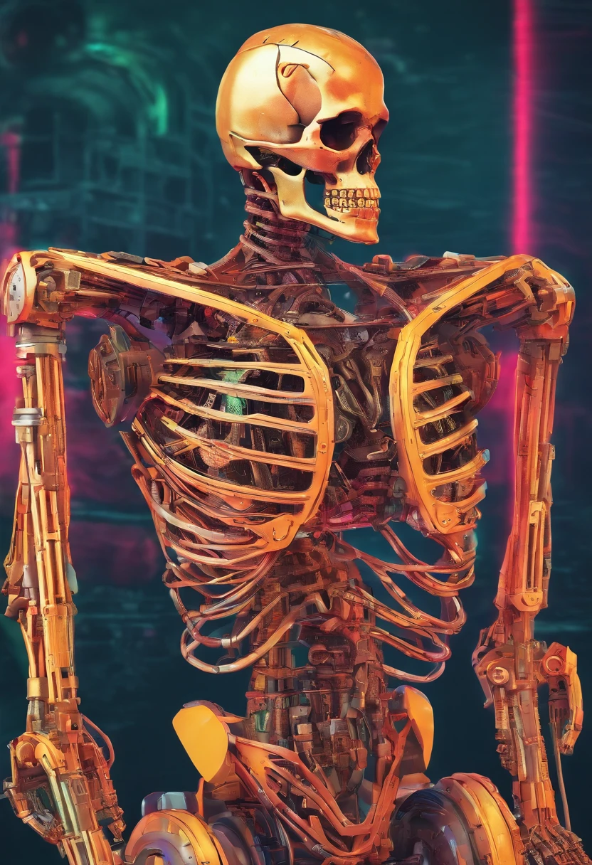 Skeleton in single
cyborg in city with sky in red colour and hand in knife in style