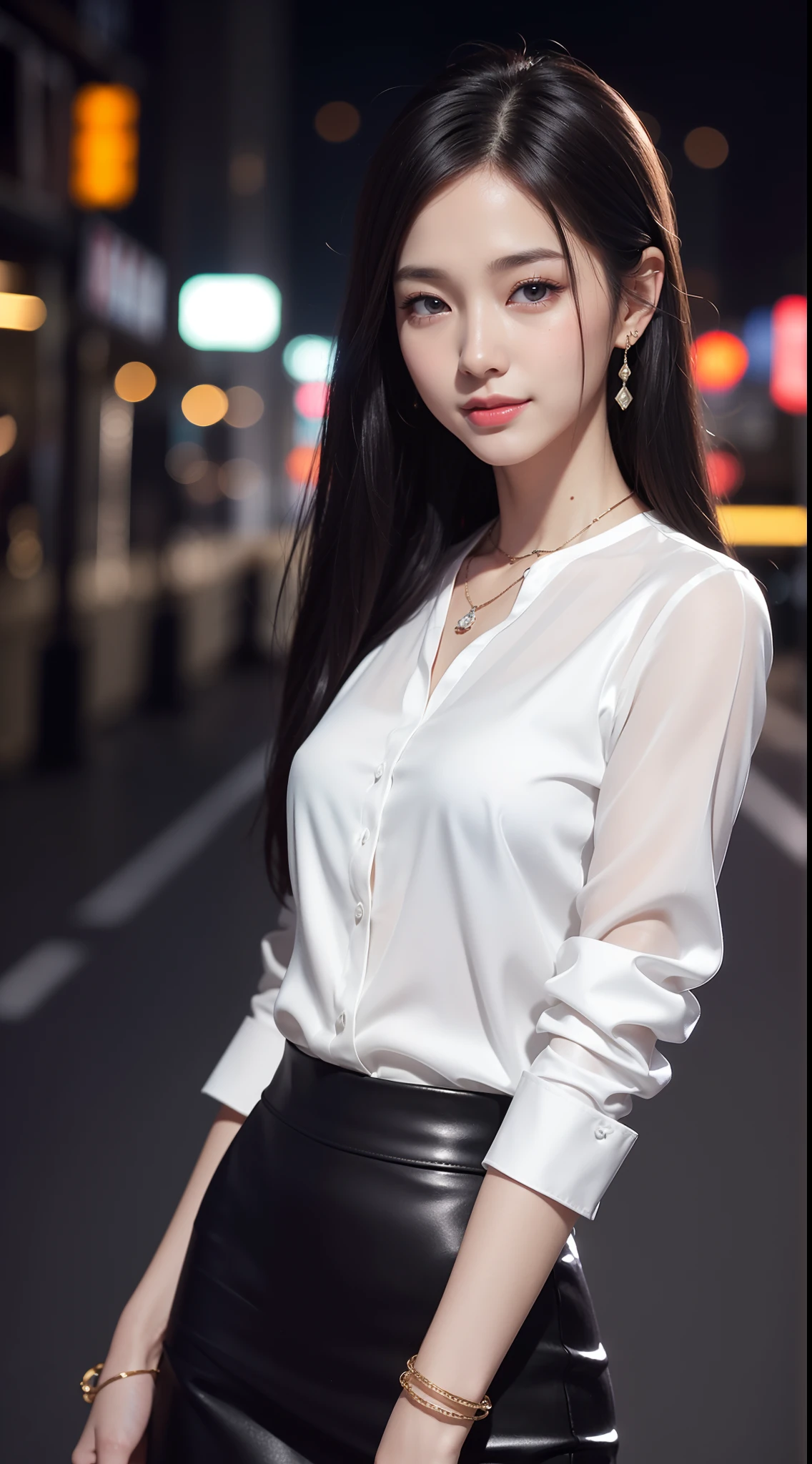 8k, masterpiece, RAW photo, best quality, photorealistic, extremely detailed CG unity 8k wallpaper, Depth of field, Cinematic Light, Lens Flare, Ray tracing, (extremely beautiful face, beautiful lips, beautiful eyes), intricate detail face, ((ultra detailed skin)) 1girl, in the dark, deep shadow, pretty korean girl, kpop idol,(very slim slender fit-muscled body), ((looking at viewer)),(big smile), city night, (neon sign), (blurry background), midnight, (vacant city), (without people in the background), pretty asian girl, earrings, bracelets, necklace, clear eyes, shot, (pale skin), face forward, (big eyes), ((close up shot)), (looking at viewer), medium breasts,((smile)), ((laced top)), ( very slim), (silk shirts), (silk skirt)