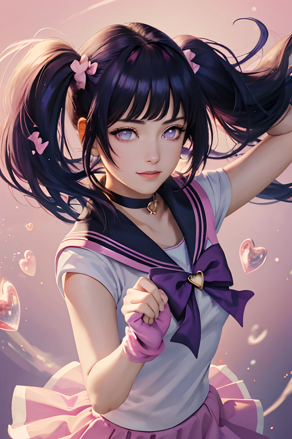 (masterpiece, best quality;1.3), extremely detailed CG, ultra detailed, 1girl, solo, smile, looking at viewer, stylish ungle, long dark blue hair, purple eyes,bangs
sv1, sailor senshi uniform, pink skirt, elbow gloves, tiara, pink sailor collar, black bow, pink choker, white gloves, jewelry, from above,
many hearts, face focus,Venus,tornado,abstract background, hearts storm, haert beam, heart bubbles, heart baloons, haert stars, heart flowers, HEART LIGHTS, heart world, heart background, galaxy background, heart weapon, heart aura, twintail