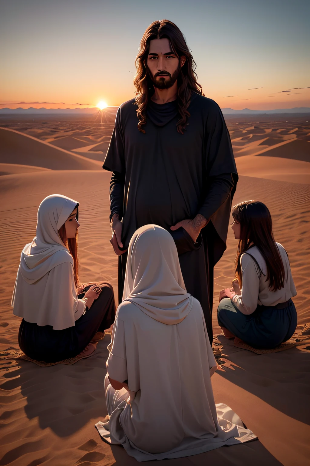 jesus pregando para seus discipulos num monte no deserto durante o por do sol. Ultrarealista, paisagistico, detailed facial expressions, luz dourada, momento sagrado. disciples listening attentively, jesus com cabelos mais curtos