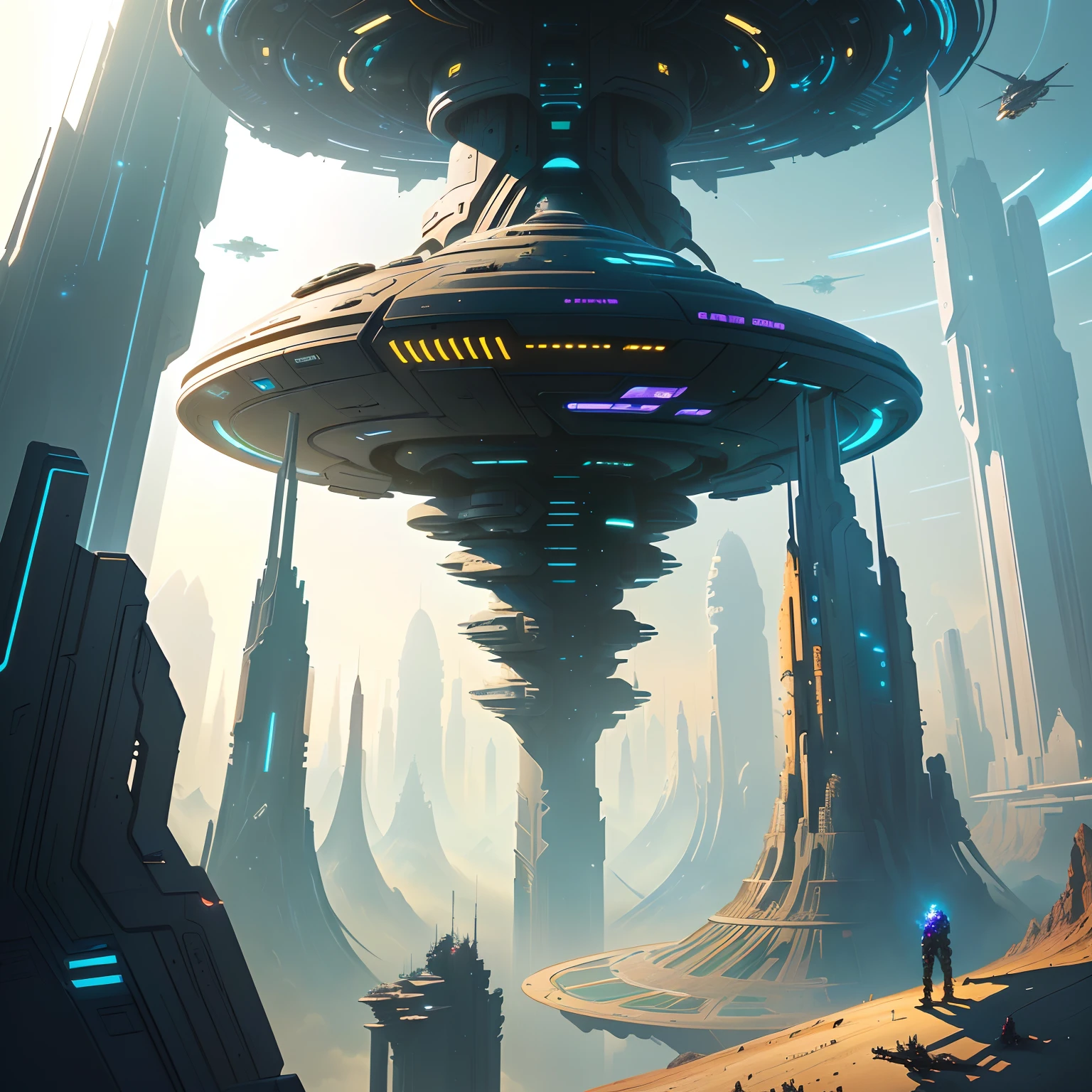 Spaceship flying over futuristic cities with spiral tunnels, greg beeple, borne space library artwork, Science-fi digital art illustration, sci-fi space game art, scifi illustration, epic fantasy sci fi illustration, scifi illustration, scifi illustration, inspired by Stephan Martiniere, scifi concept art, award winning scifi art
