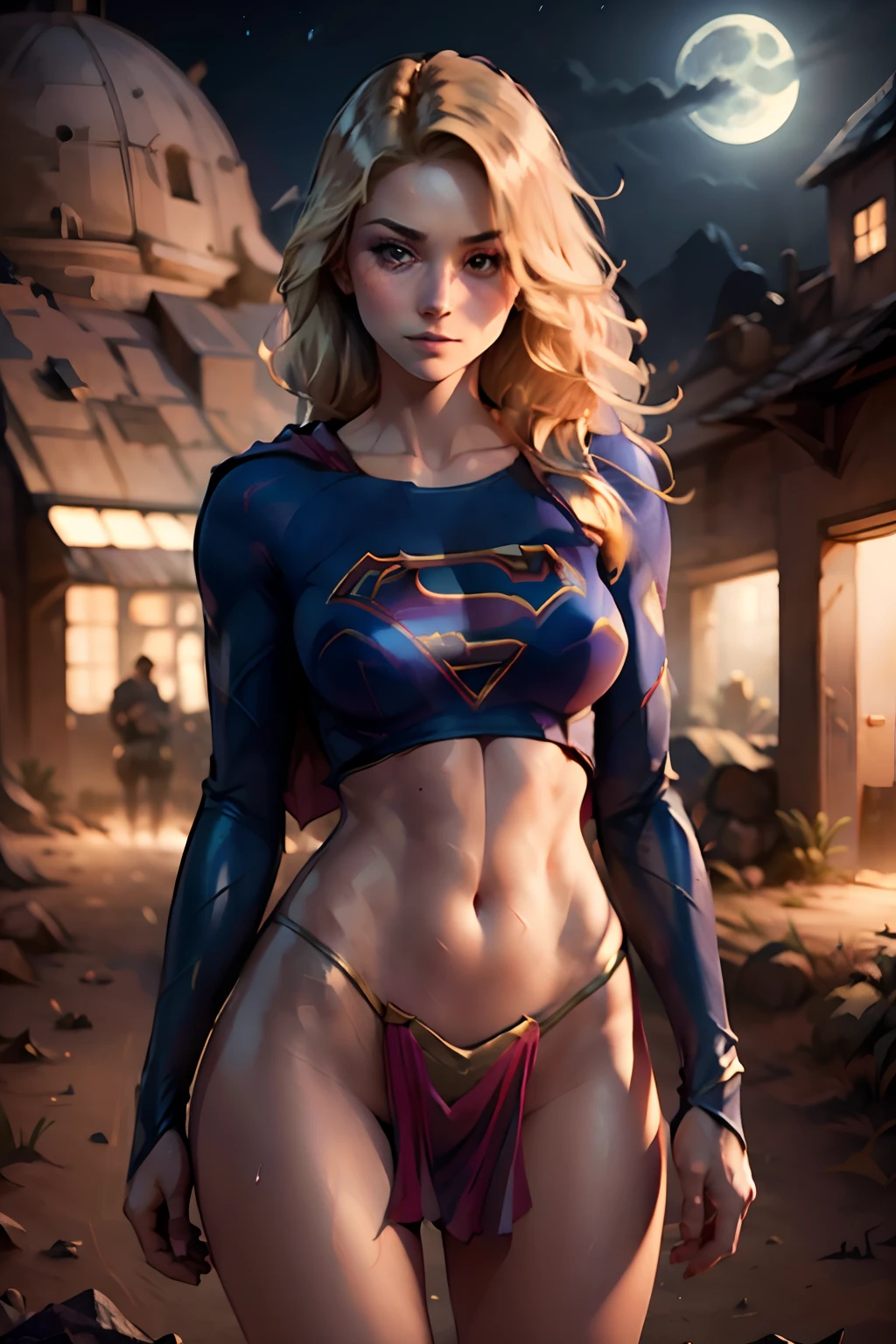 Sexy supergirl (18 years old), 1girl, long disheveled blonde hair, shy, seductive, blushing, close-up shot, HD, 8k, highly detailed, dynamic action, desert in the background, moonlight, nighttime