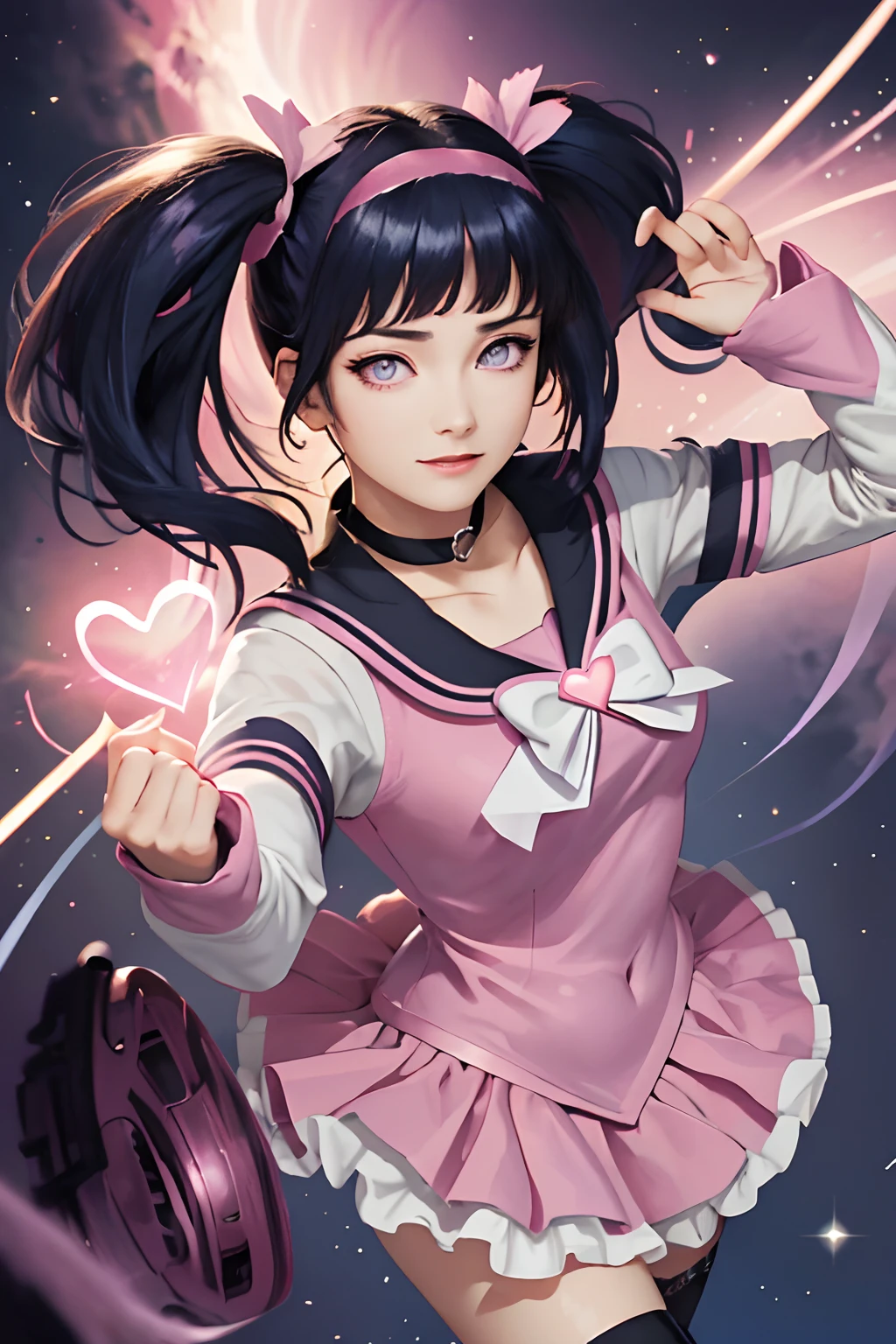 (masterpiece, best quality;1.3), extremely detailed CG, ultra detailed, 1girl, solo, smile, looking at viewer, stylish ungle, long dark blue hair, purple eyes,bangs
sv1, sailor senshi uniform, pink skirt, elbow gloves, tiara, pink sailor collar, black bow, pink choker, white gloves, jewelry, from above,
many hearts, face focus,Venus,tornado,abstract background, hearts storm, haert beam, heart bubbles, heart baloons, haert stars, heart flowers, HEART LIGHTS, heart world, heart background, galaxy background, heart weapon, heart aura, twintail