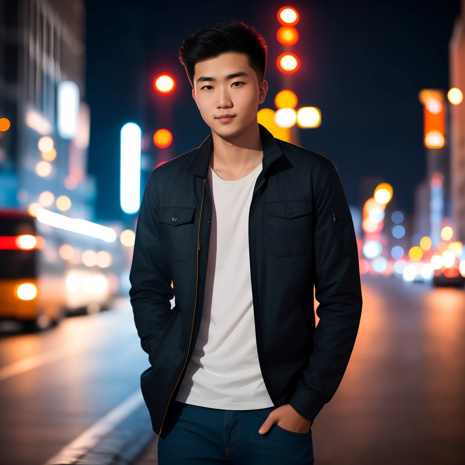 RAW photo, a portrait photo of 25 y.o man in casual clothes, night, city street, (high detailed skin:1.2), 8k uhd, dslr, soft lighting, high quality, film grain, Fujifilm XT3