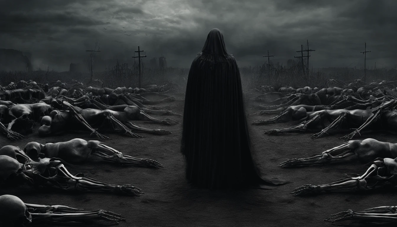 arafed image of a man standing in a field of skeletons, biblical epic movie, dug stanat macabre art, epic biblical depiction, apocalyptic art, apocalyptic fantasy, apocalyptic 8k, apocalyptic 8 k, ( apocalyptic ) 8 k, jesus christ is the doom slayer, life after the plague, apocalypse art, desert valley of bones, matte painting”