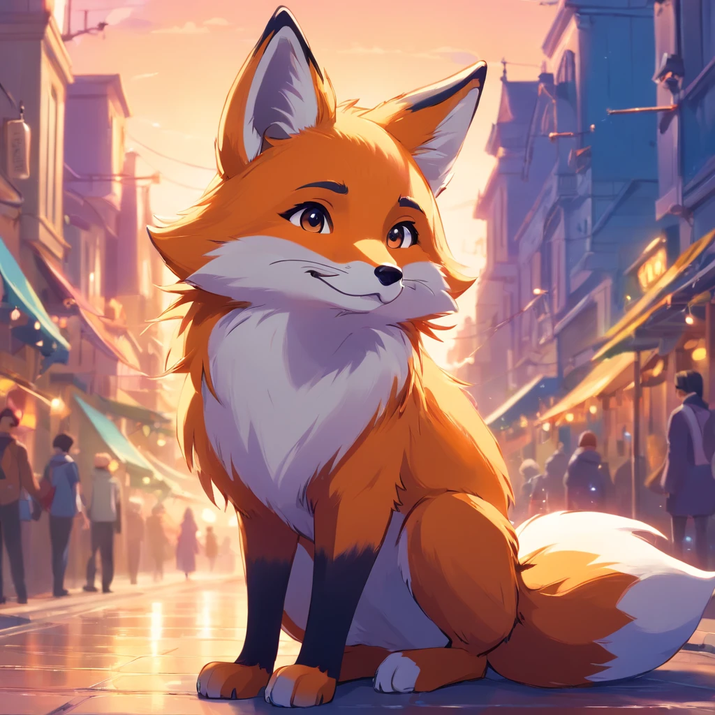 Adorable fox in disney movie style, usando um capuz, cinematic lighthing, Depth detection, hiper detalhada, qualidade 8k. with party hat