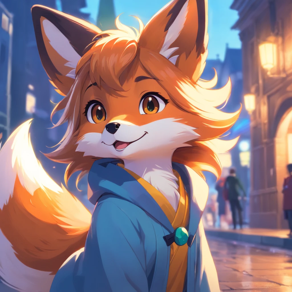 Adorable fox in disney movie style, usando um capuz, cinematic lighthing, Depth detection, hiper detalhada, qualidade 8k. with party hat