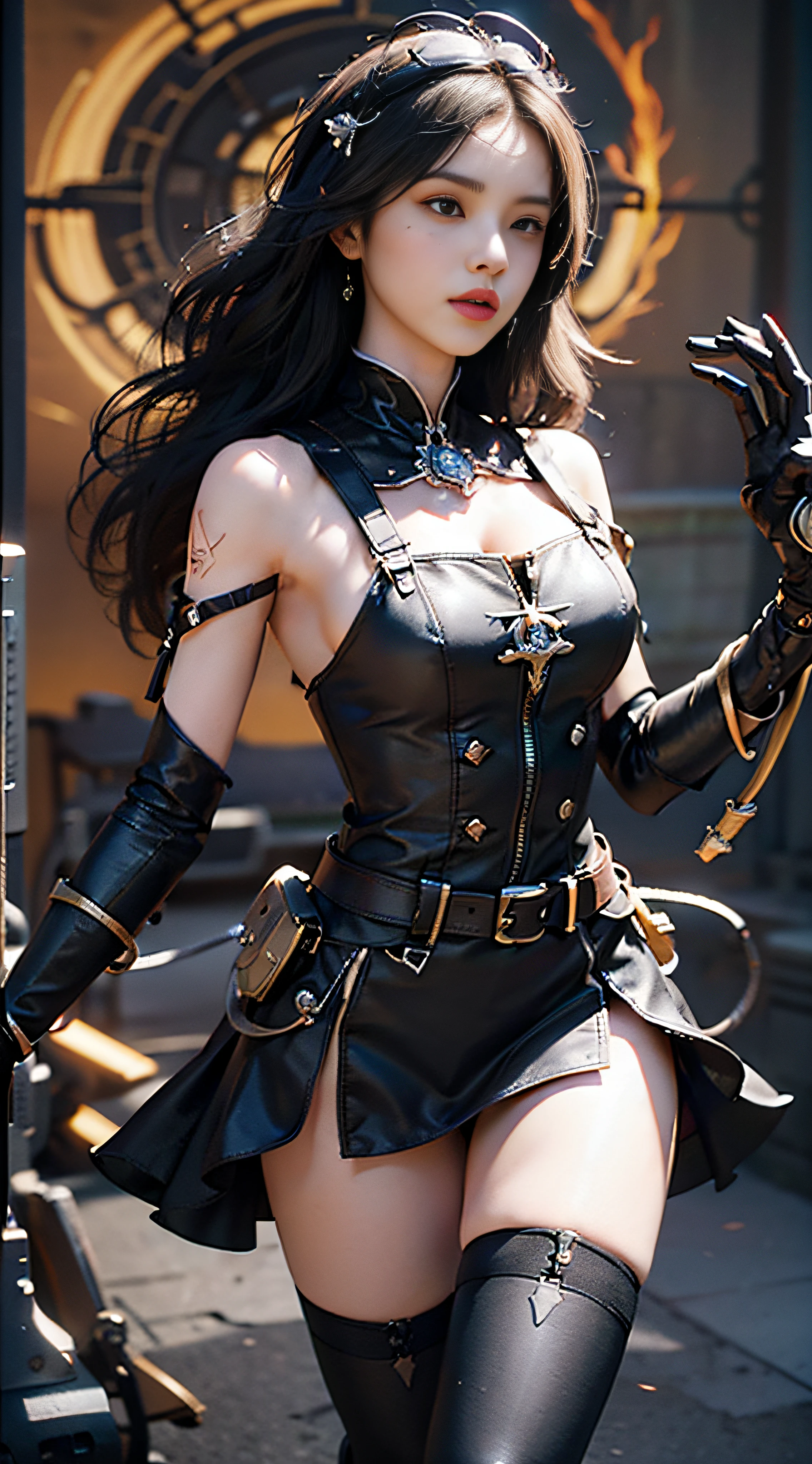 (((masterpiece, top quality, ultra detailed))), (((ultra photo-realistic 3D))), (((dramatic leap in overall accuracy, producing ultra detailed and realistic images))), complex machine j gimmick female android, Dynamic combat action poses, A fusion of very complex mechanical steampunk fashion and overly decorated Gothic ta fashion, Off the shoulders, Fluttering flare mini skirt, Complex mechanical temple steampunk headgear, Very large eyes, very long eyelashes, Black hair blown in the wind, very long thin arms, Complex mechanical gloves, very long thin legs, Complex mechanical over-the-knee stockings, Mandala, Lots of neon gras are crossed and scattered, Have a huge weapon with very complex mechanical devices, A highly complex machine shop surrounded by flames, Very dark night background, Very dramatic and cinematic lighting, (High dynamic range), Ray tracing, NVIDIA RTX, Super Resolution, Unreal 5, Subsurface scattering, PBR Texturing, Post-processing, Anisotropy Filtering, depth of fields, Maximum clarity and sharpness, Multilayer textures, Albedo and specular maps, Surface Shading, Precise simulated light material interactions, Perfect proportions, Octane Rendering, Two-tone lighting, Wide aperture, Low ISO, White Balance, thirds rule, 16K RAW,