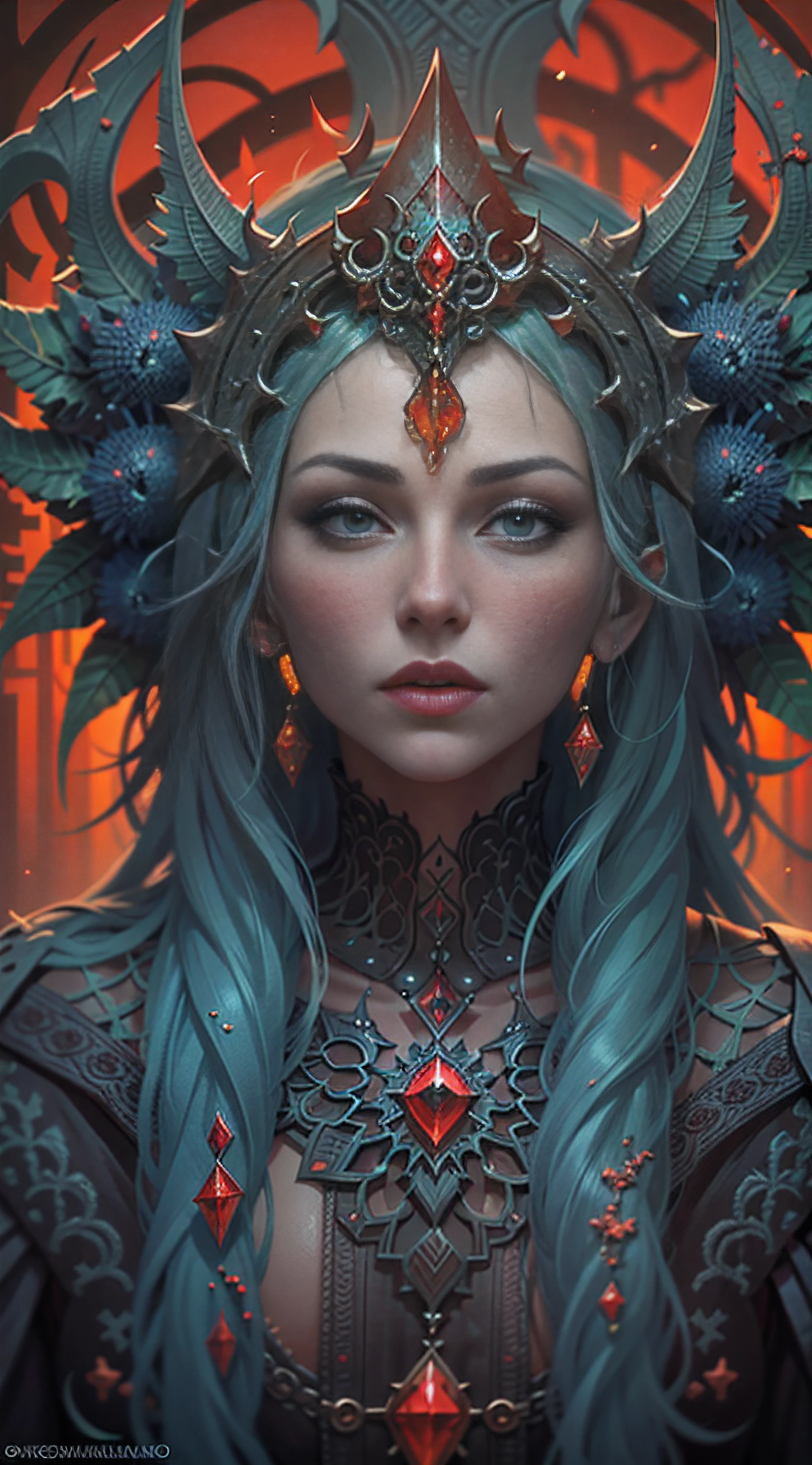 Satanic priestess Concept art portrait by Casey Weldon, Olga Kvasha, Miho Hirano, hyperdetailed intricately detailed gothic art trending on Artstation triadic colors, textured skin, cold skin pores, Unreal Engine 5 detailed matte painting, deep color, fantastical, intricate detail, splash screen, complementary colors, fantasy concept art, 8k resolution, gothic deviantart masterpiec