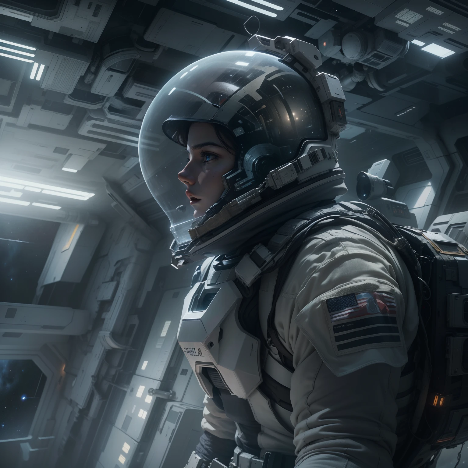 Interstellar,Endless space,A heavily armed warrior fell from the sky,ssee-through,depth of fields,((Masterpiece)),(Best quality)),Magnificent space image scene,surrealism, Super detail, ccurate, Best quality, hyper HD, Masterpiece, Anatomically correct, A high resolution, 16k