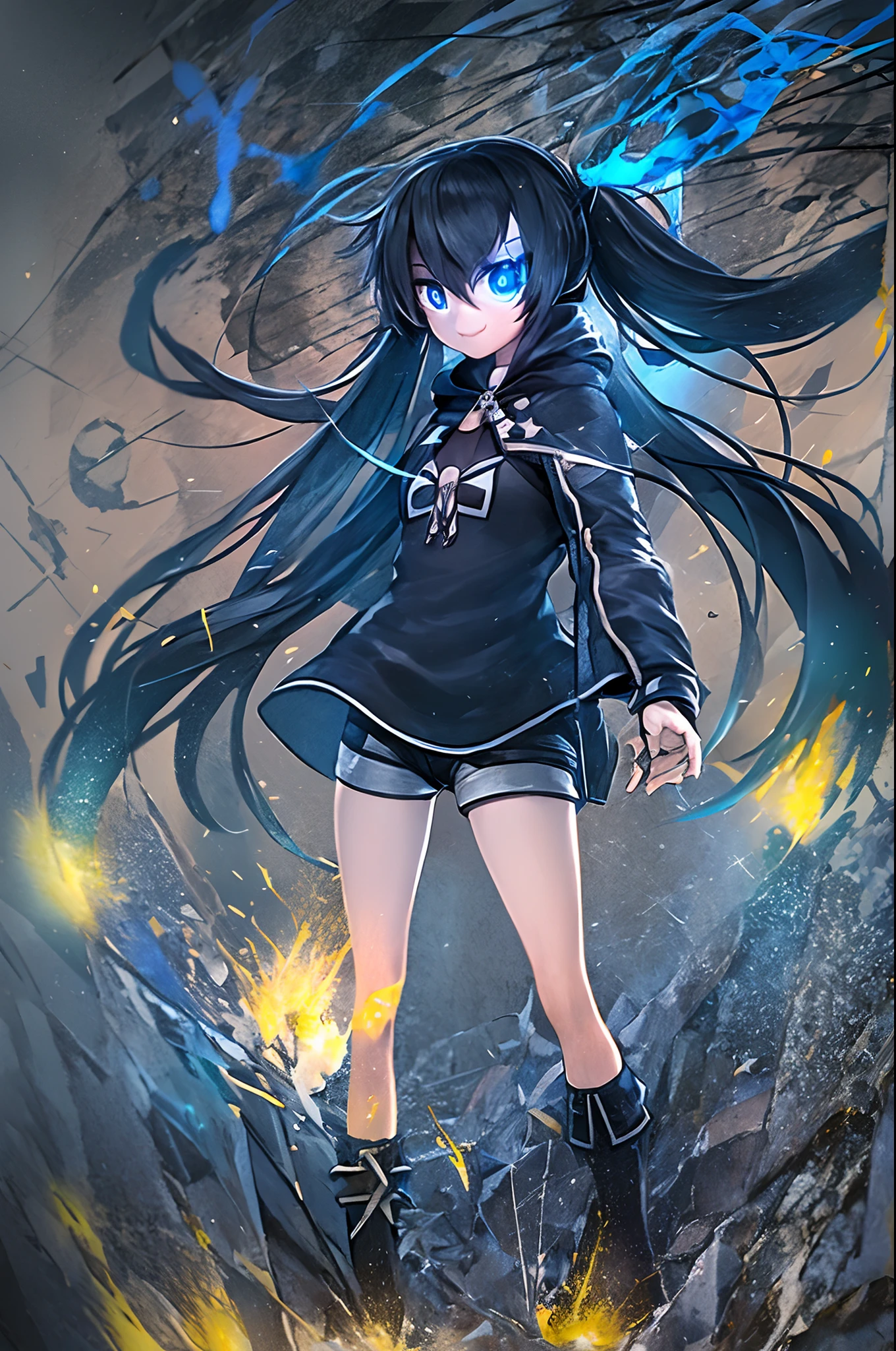 (masterpiece, best quality), intricate details, 1girl, blue eyes, black rock shooter, coat, collar, flat chest, jacket, long hair, scar, shorts, top, star \(symbol\), swimsuit, twintails, uneven twintails, ((blue fire)),flaming eye, blue fire on eye, standing, walking, forest, smile, pullover, full body