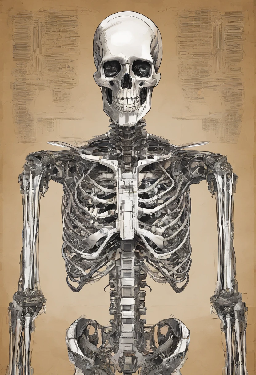 Detailed Human Terminator endoskeleton created in recycled cardboard with fitting pieces, photographic and realistic image in detail! a drawing of a skeleton with a skeleton head and arms, fleshy skeletal body, fleshy skeletal, thin skeleton, skeletal with extra fleshy bits, the other, a skeletal figure, Skelleton, Skeleton, skeletal, human skeleton, anatomically correct skeleton, Boney , exposed rib cage, fleshy bones, skeletal male figure, rib cage